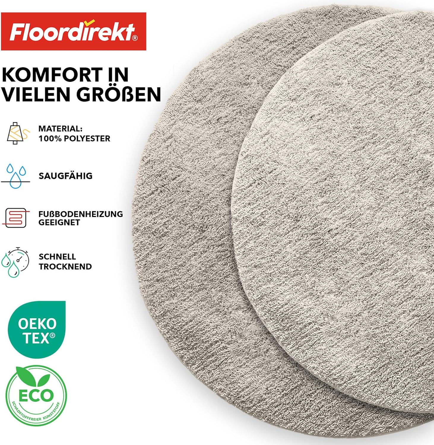 Thumbnail 6 de Floordirekt Badematte Sky Ivory Rund 95 cm – Rutschfest, waschbar und schadstoffgeprüft