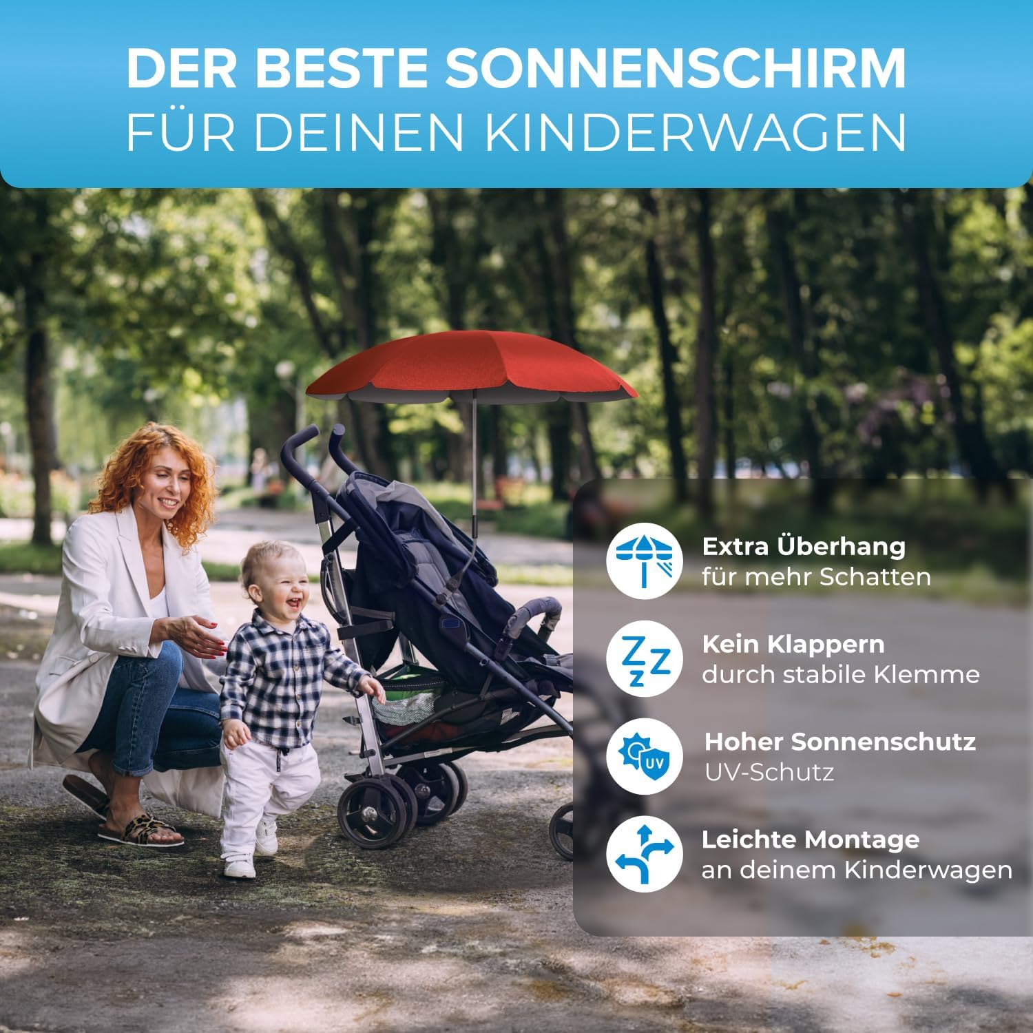 Thumbnail 6 de STYNGARD Sonnenschirm für Kinderwagen UV Schutz 50+ – 70 cm Durchmesser mit Überhang, Modell ROME (Rot)