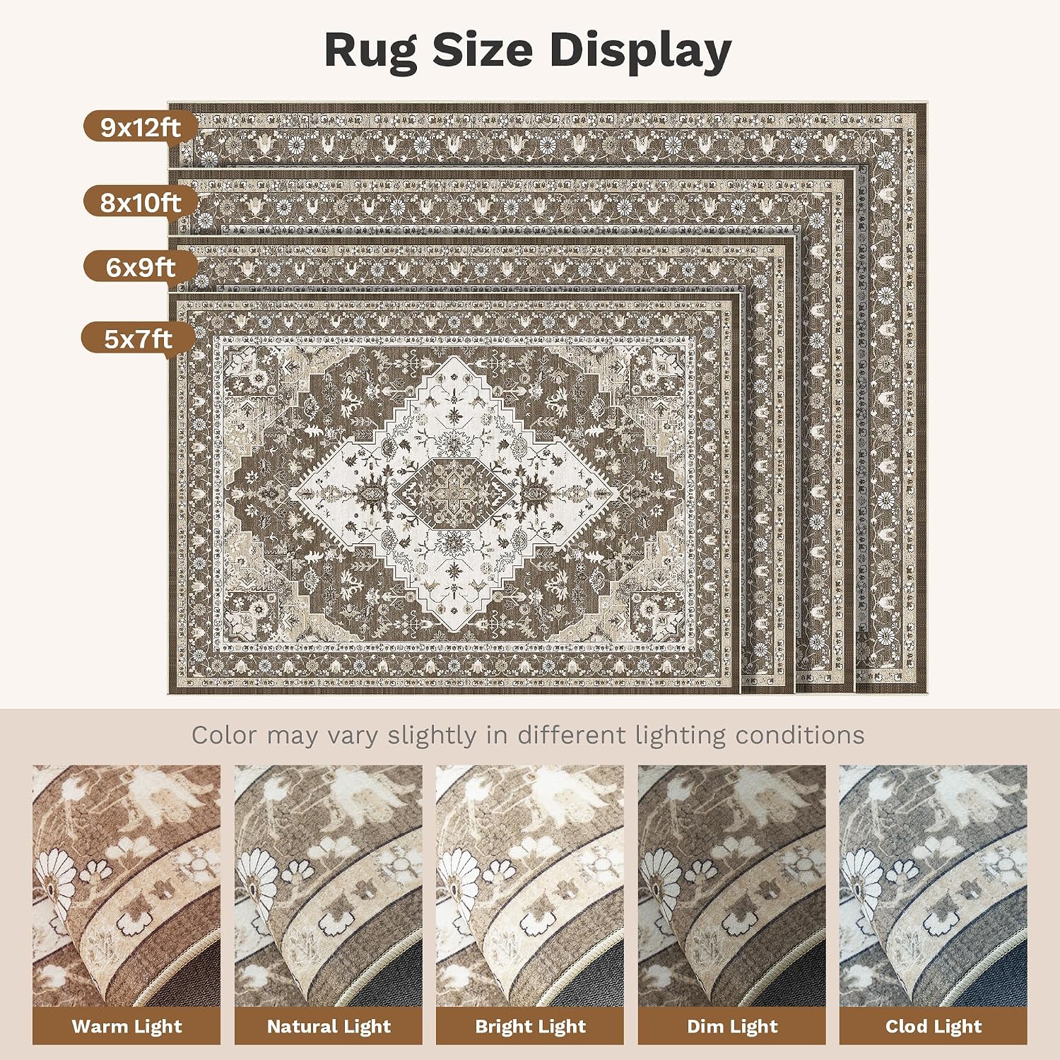 Detalle de LIVELYGLOW 8' x 10' Washable Area Rug, Low-Pile Medallion Print, Beige/Brown