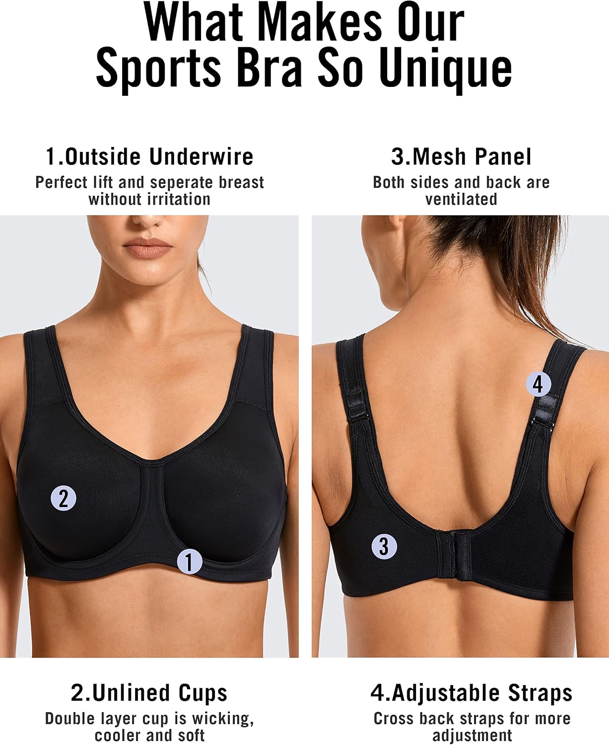 Detalle 2 de SYROKAN Women's Max Control Underwire Sports Bra – High Impact Support for Plus Size