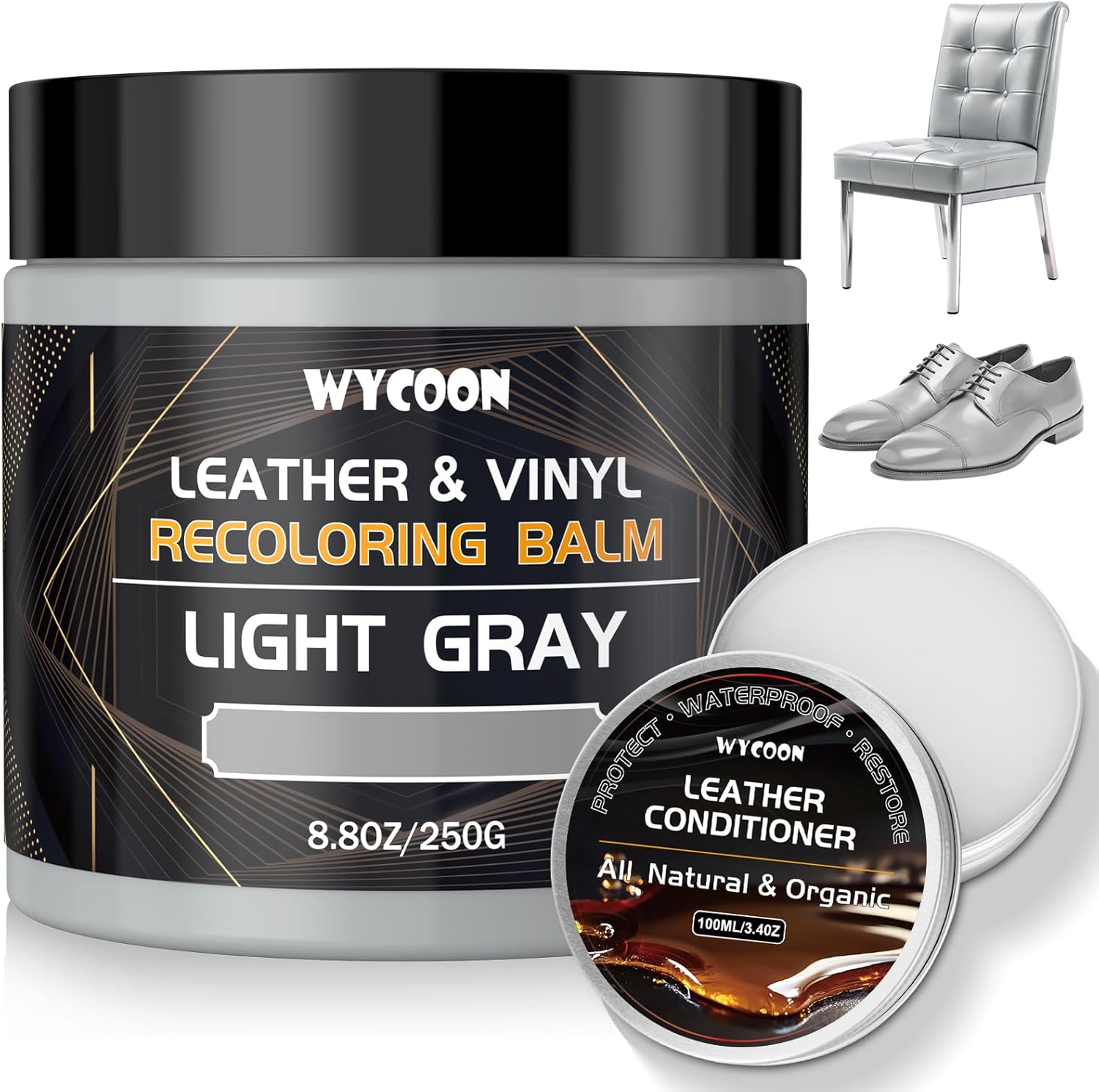 WYCOON Leder Reparatur-Set Hellgrau mit Lederfett – Professionelle Lederfarbe & Flüssigleder für Sofas, Autositze, Schuhe und Vinylmöbel