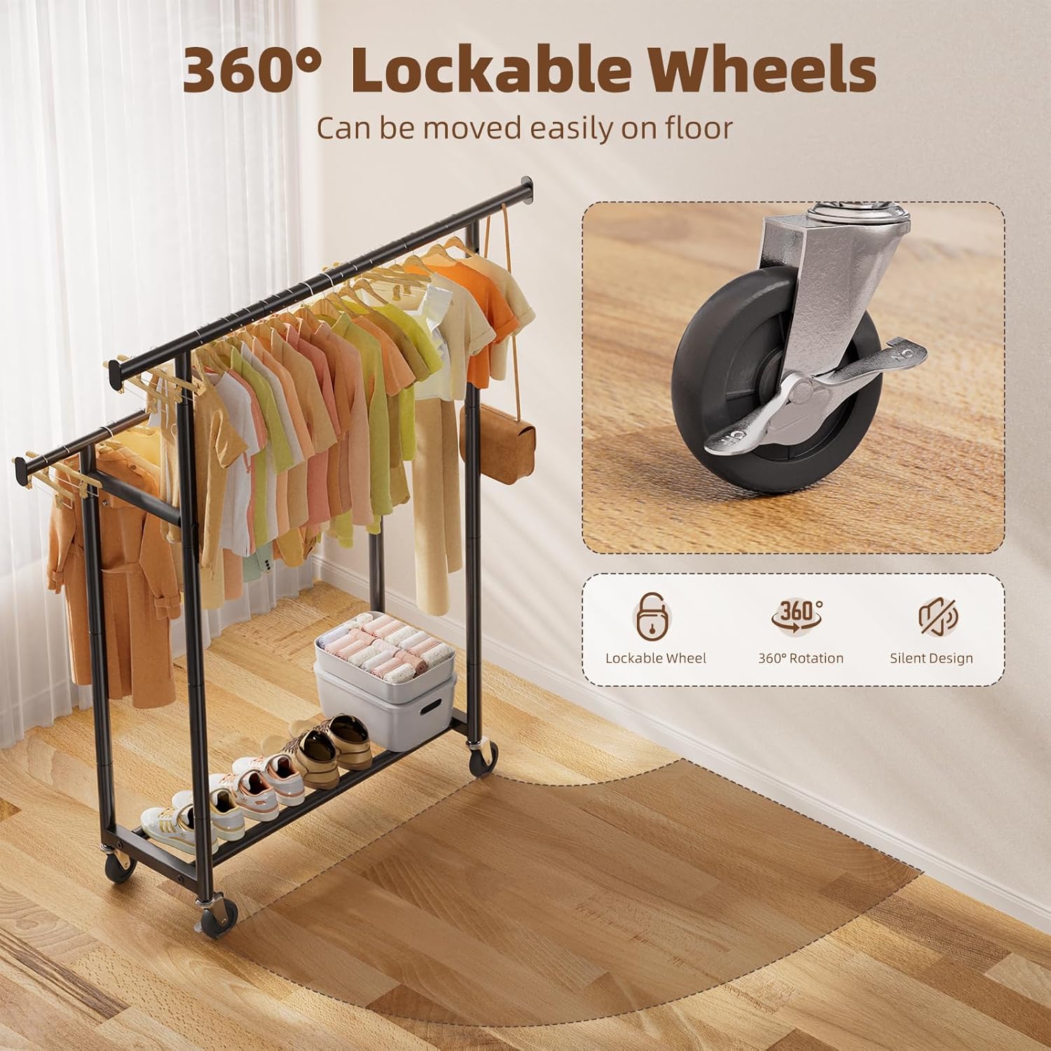 Detalle de Simple Trending Double-Bar Portable Garment Rack with Wheels