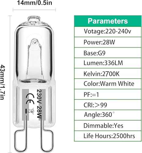 Detalle de Simusi G9 Halogen Light Bulbs, 28W Dimmable Capsule, Warm White 2700K, 12 Pack