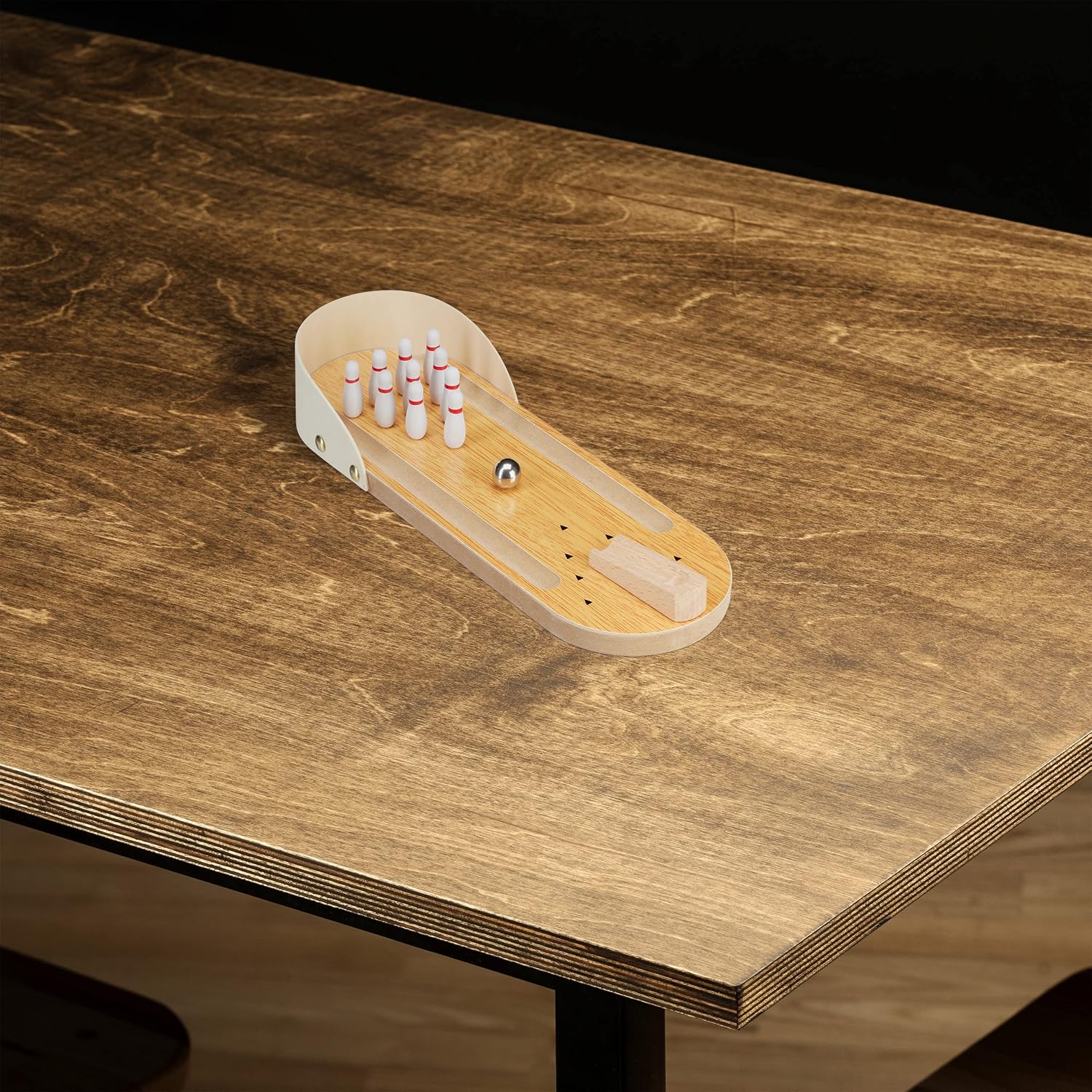 Detalle de Relaxdays Bowling de Table – Mini-jeu sur table (10 quilles, 3 ans+), design MDF et boule métallique