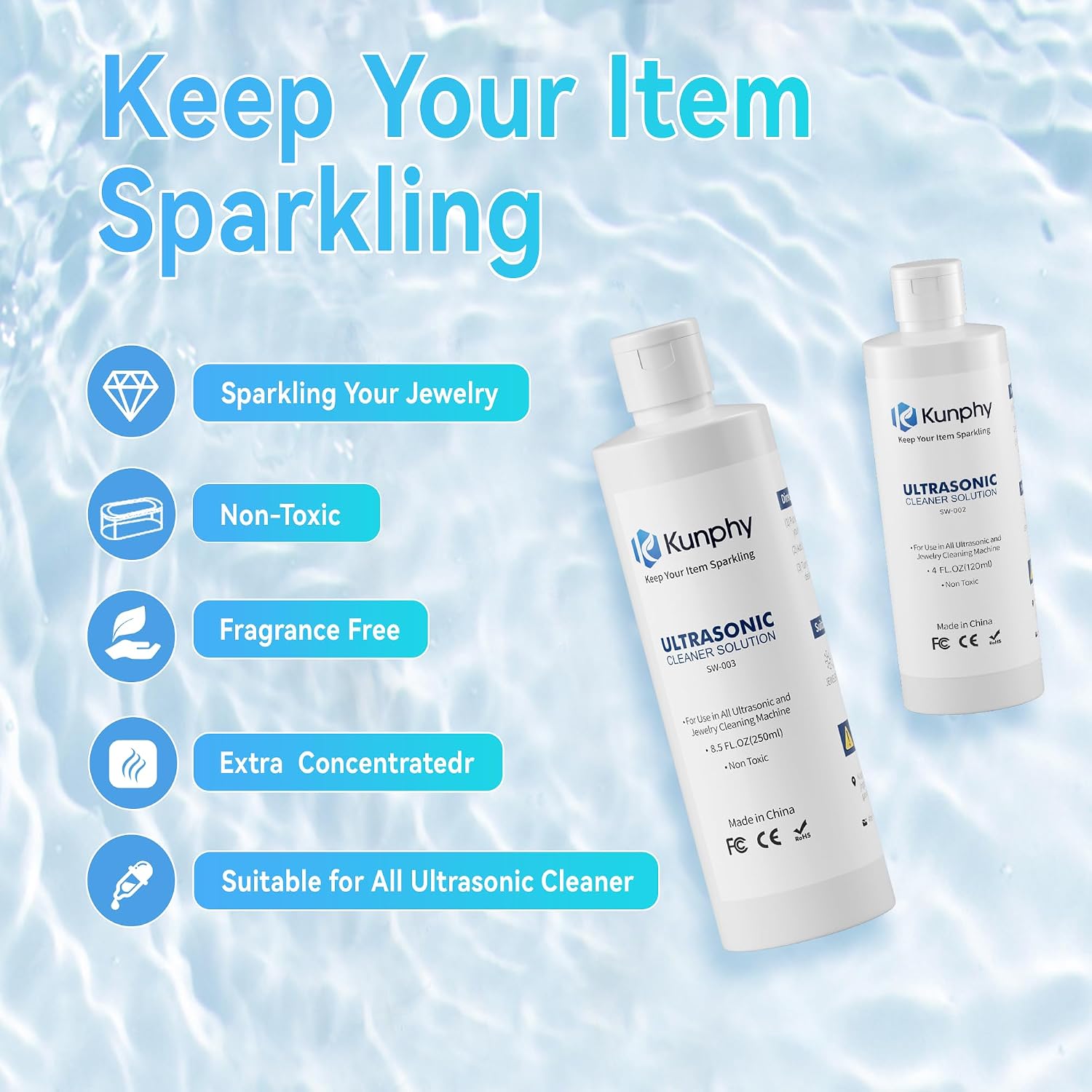 Detalle de Kunphy Ultrasonic Jewellery Cleaner Fluid – Concentrated, Fragrance-Free Cleaning Solution