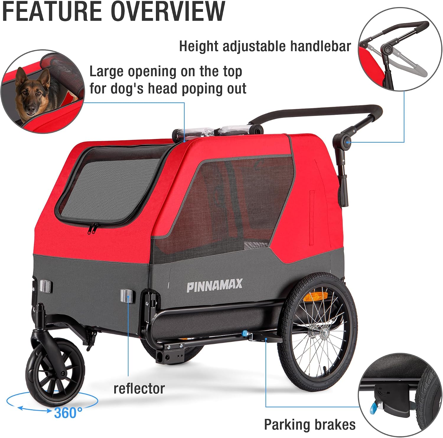 Detalle de PINNAMAX Hundeanhänger für Fahrräder – 2-in-1 Haustierbuggy & Fahrradanhänger, belastbar bis 45 kg