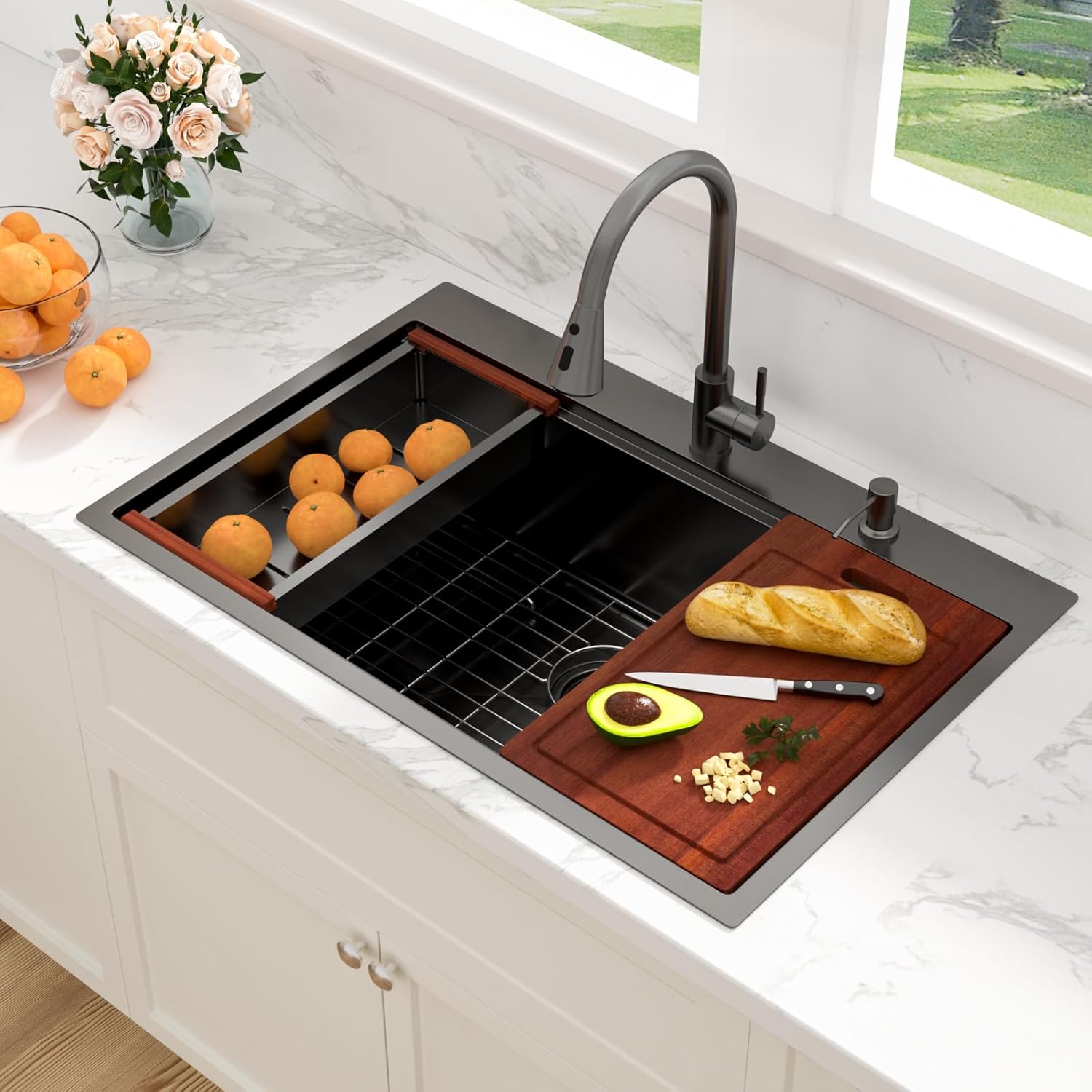 Thumbnail 2 de Sarlai 33 Black Kitchen Sink with Faucet – 33x22 Inch Drop-In, Gunmetal Black, 16-Gauge Stainless Steel, Workstation with Pull-Out Faucet