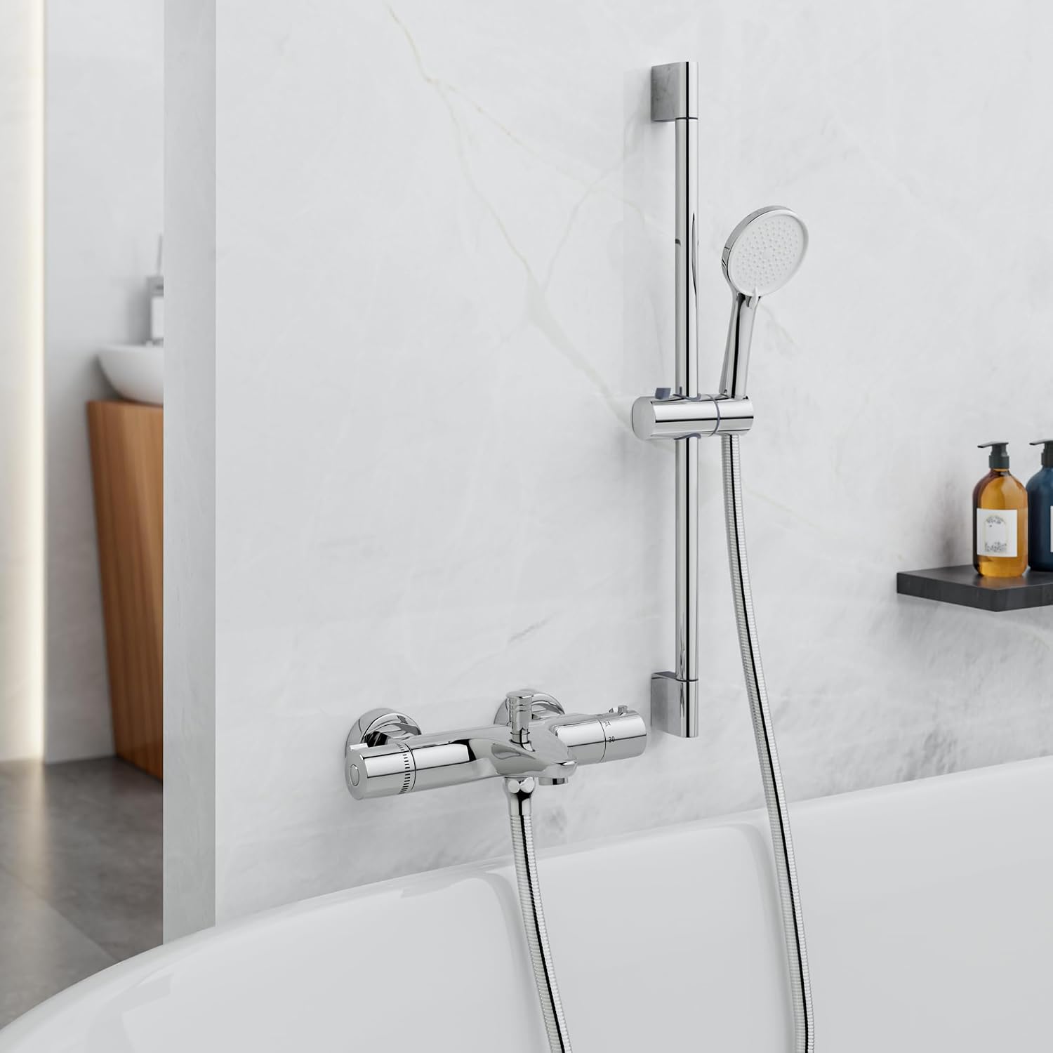 Detalle de MORADO thermostatic bath shower mixer tap with temperature control (solid brass, chrome finish) – bathtub mounted