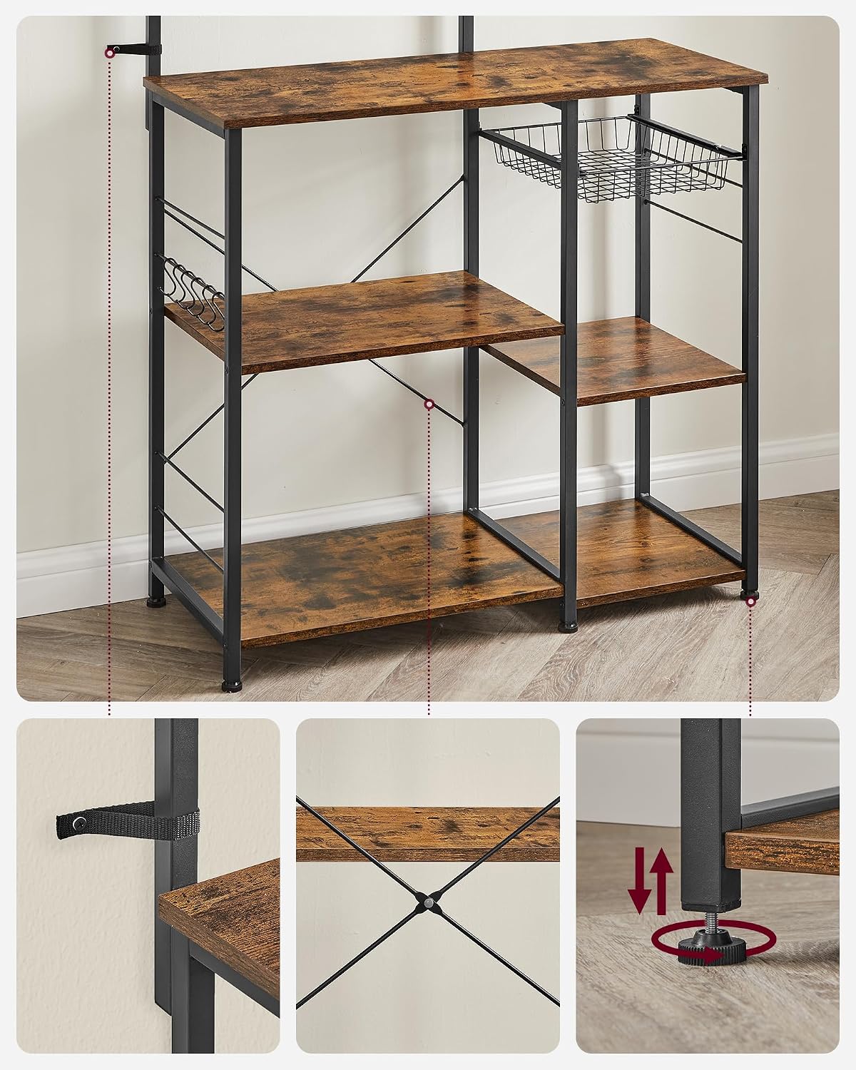 Detalle de VASAGLE Scaffale da Cucina KKS35X con supporto per forno a microonde, mobile mobile 40 x 90 x 134 cm marrone vintage e nero