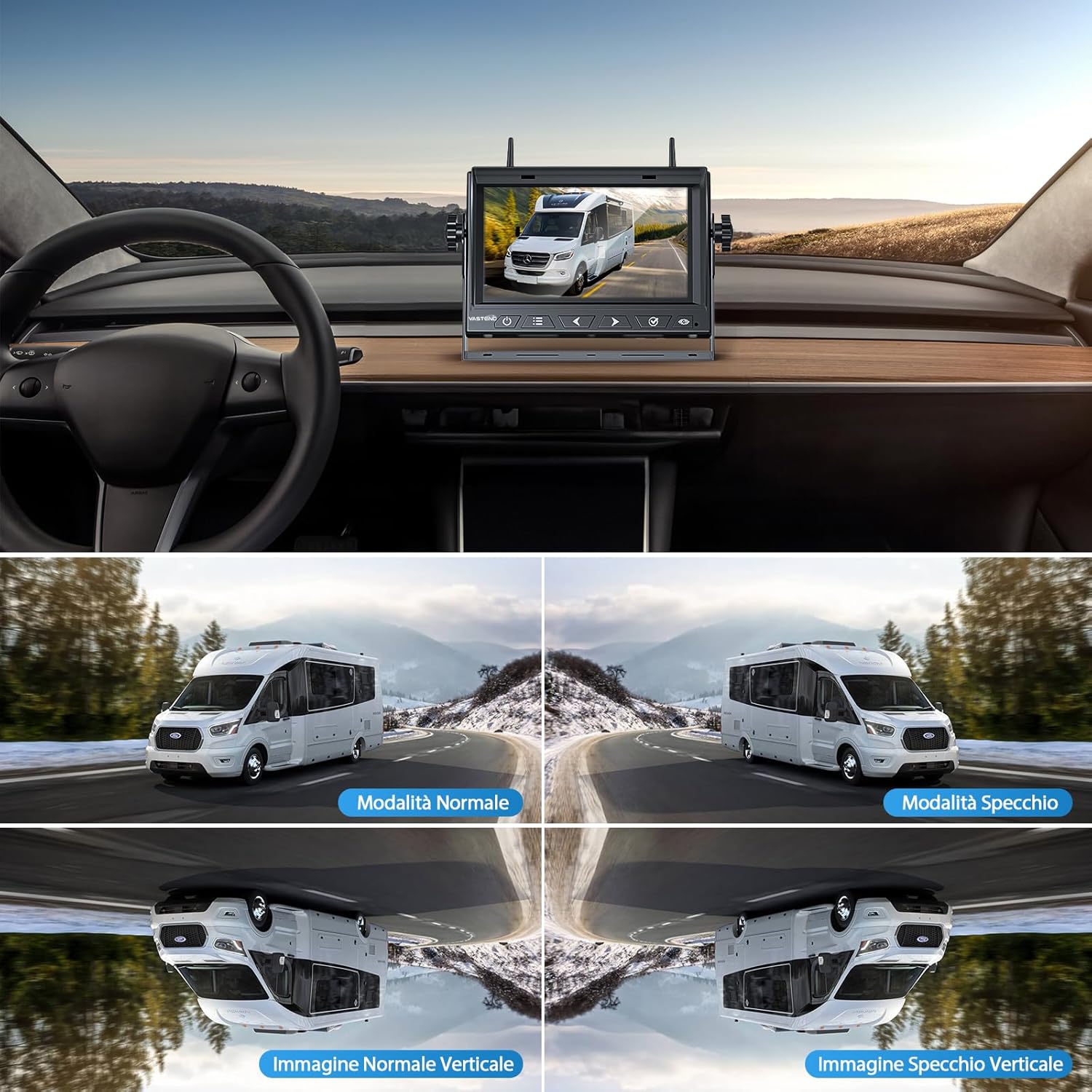Detalle 2 de VASTEND Retrocamera Solare Wireless con Monitor da 7'' 1080P per Camper, Roulotte e Auto
