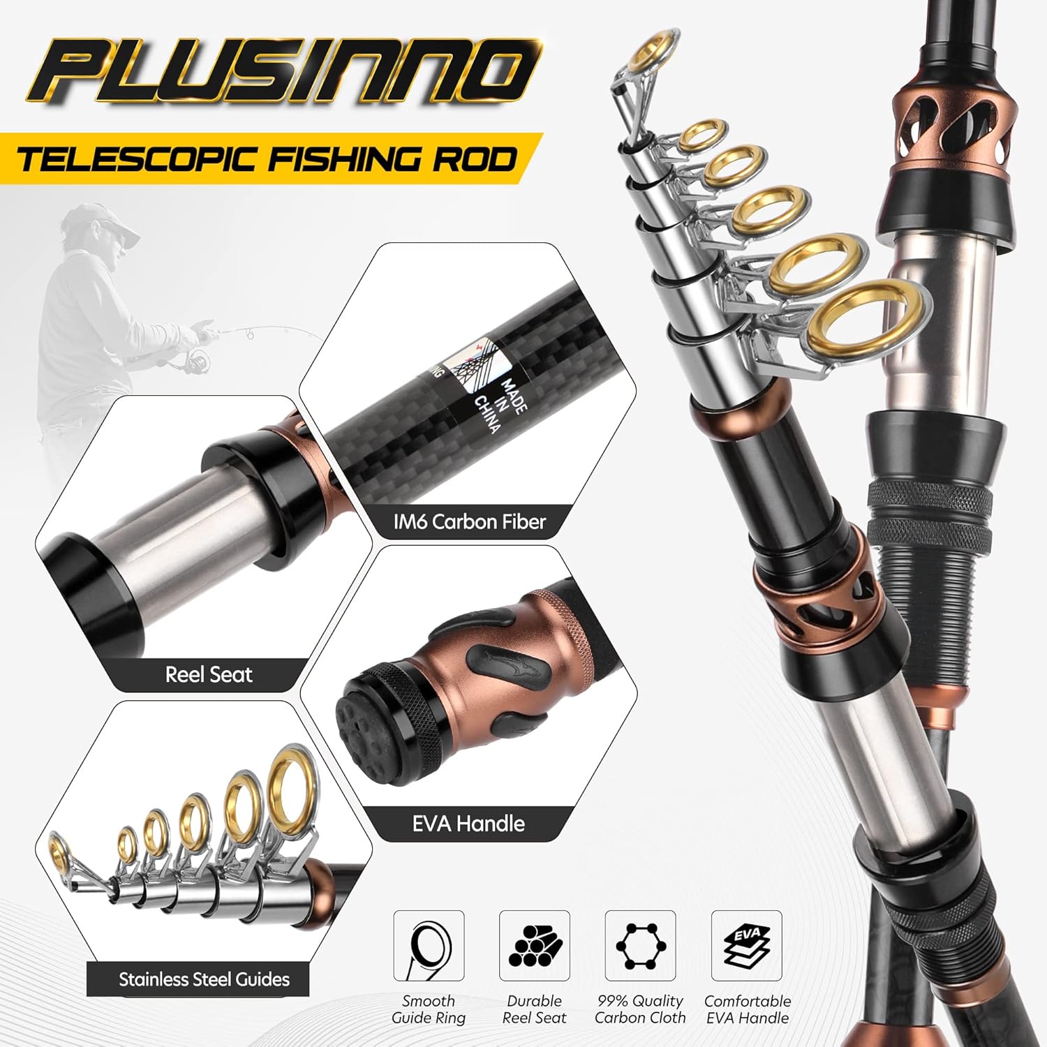 Thumbnail 2 de PLUSINNO Fishing Rod and Reel Combo (Carbon Fiber Telescopic) with Spinning Reel 12+1 Shielded Bearings