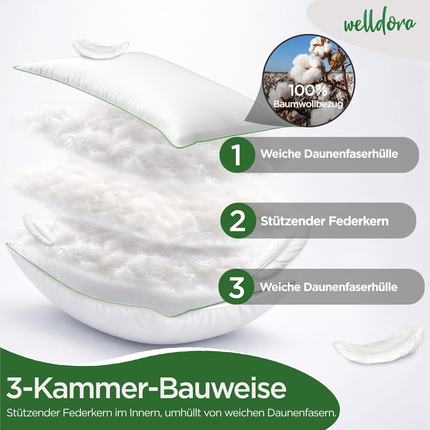 Detalle 2 de Welldora Premium Kopfkissen 80x80 (3-Kammer) mit natürlichen Daunenfasern & Federn – ergonomisch gegen Nackenspannungen