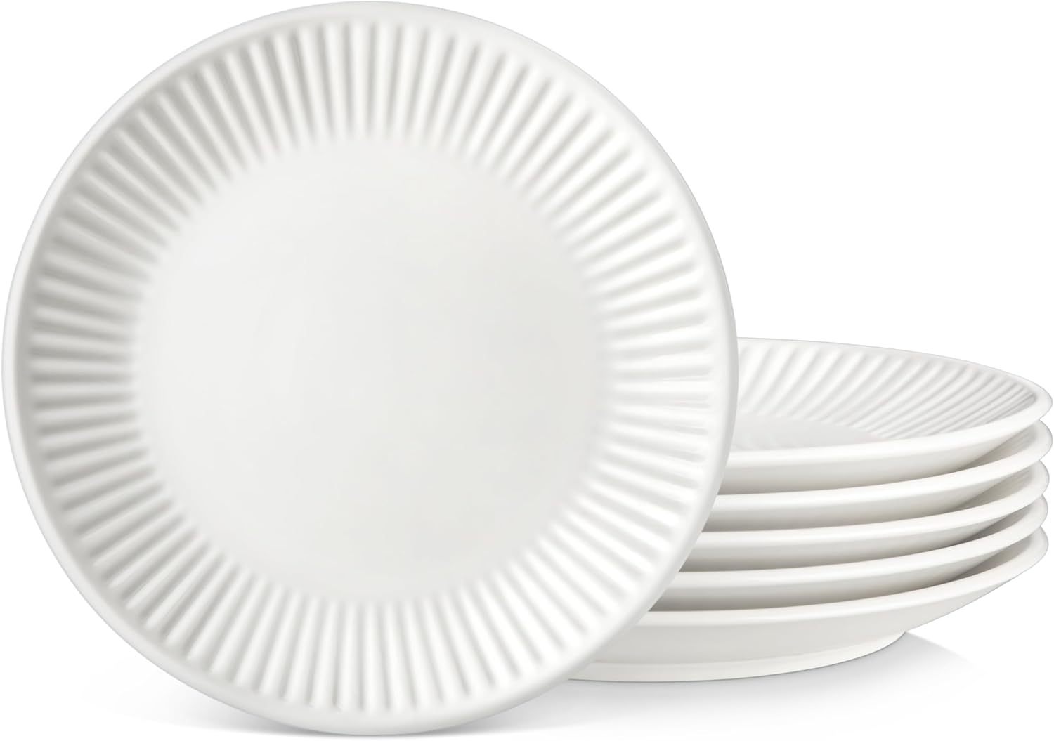 MALACASA Speiseteller-Set für 6 Personen (Ø 26 cm) aus Porzellan – LEILA, weiß, gerippt & spülmaschinenfest