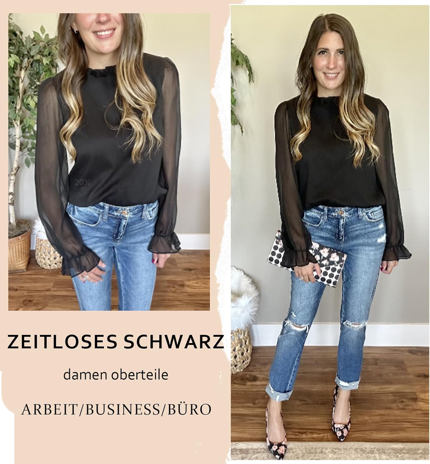 Thumbnail 4 de Odosalii Damen Bluse Rüschen Stehkragen Langarmshirt Schwarz