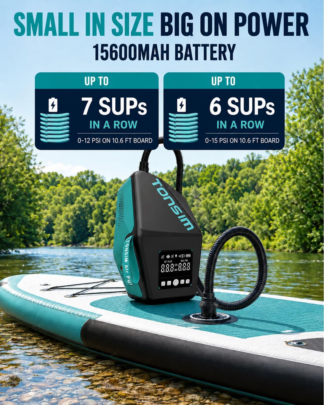 Detalle de Tonsim Electric Paddle Board Pump 20 PSI review: practical power in a compact pump