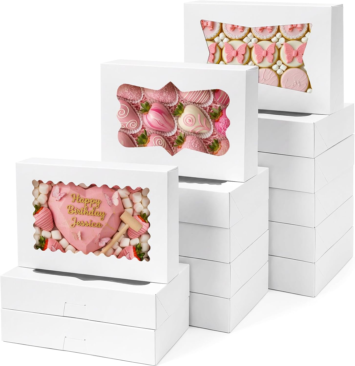 Moretoes 12x8x2.5-Inch Bakery Boxes, 48-Pack with Three Window Styles