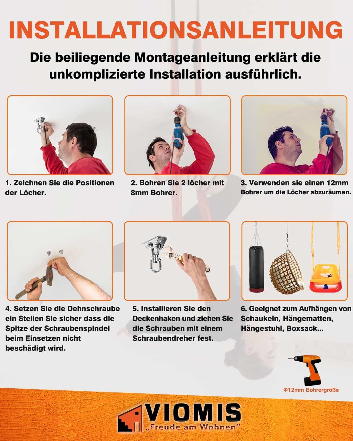 Thumbnail 6 de Viomis Deckenhaken Komplettset mit 360° Drehhalterung & Schwingfeder (bis 450 kg)