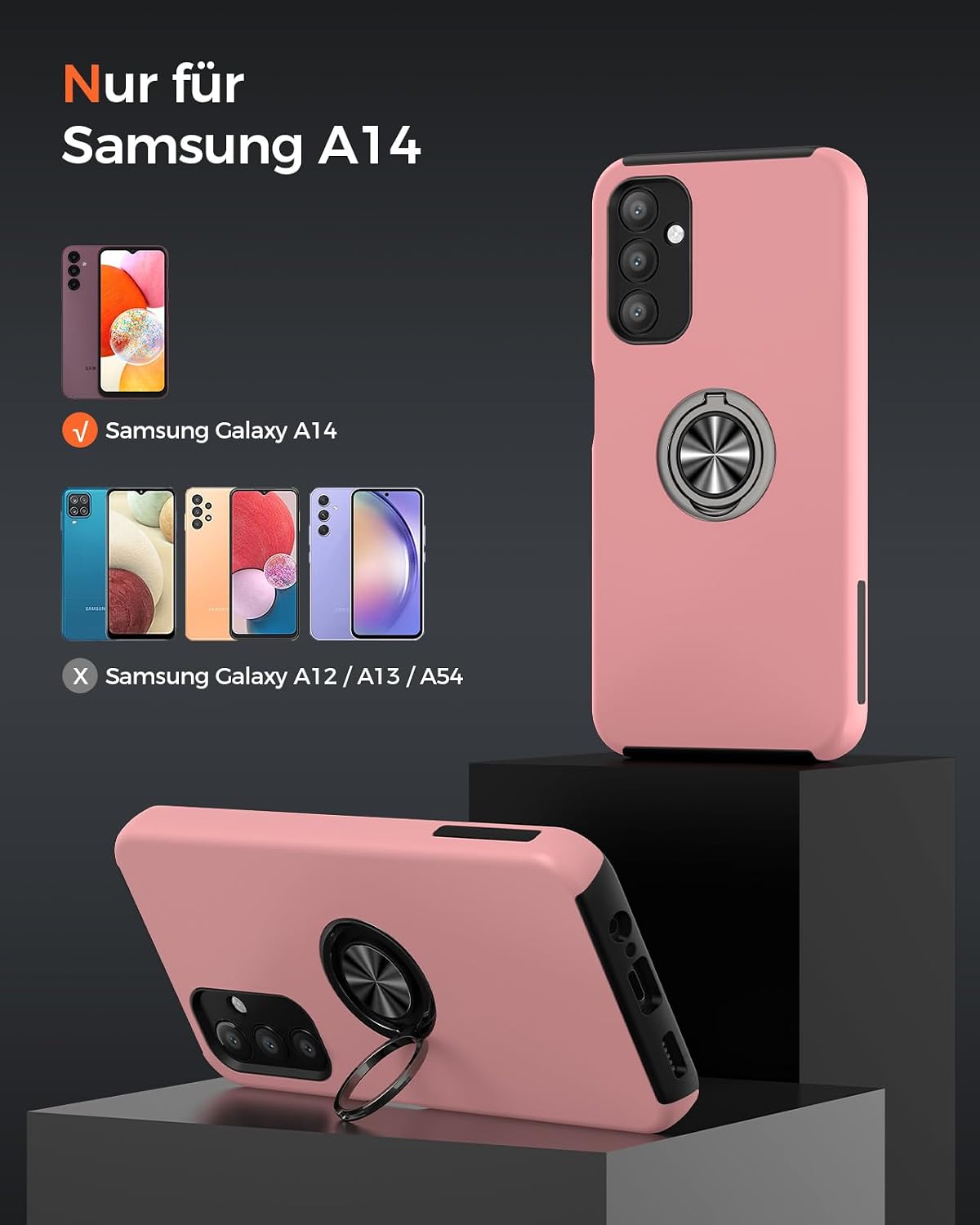 Thumbnail 6 de KRAFTCARE Hülle für Samsung Galaxy A14 5G mit 360° Ring, Schutzfolie & robustem Stoßschutz – Rosa