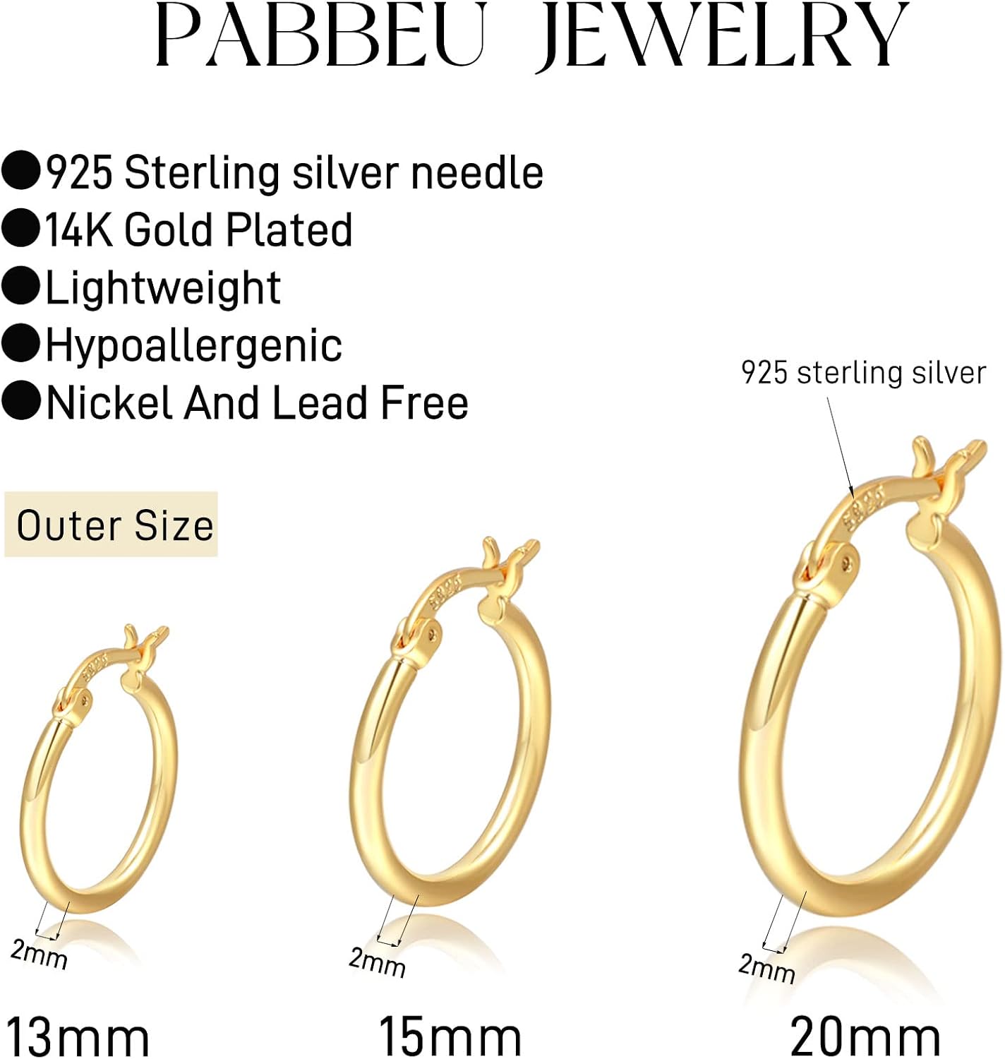 Detalle 2 de PABBEU Gold Hoop Earrings Set, Sterling Silver Posts, 13/15/20 mm