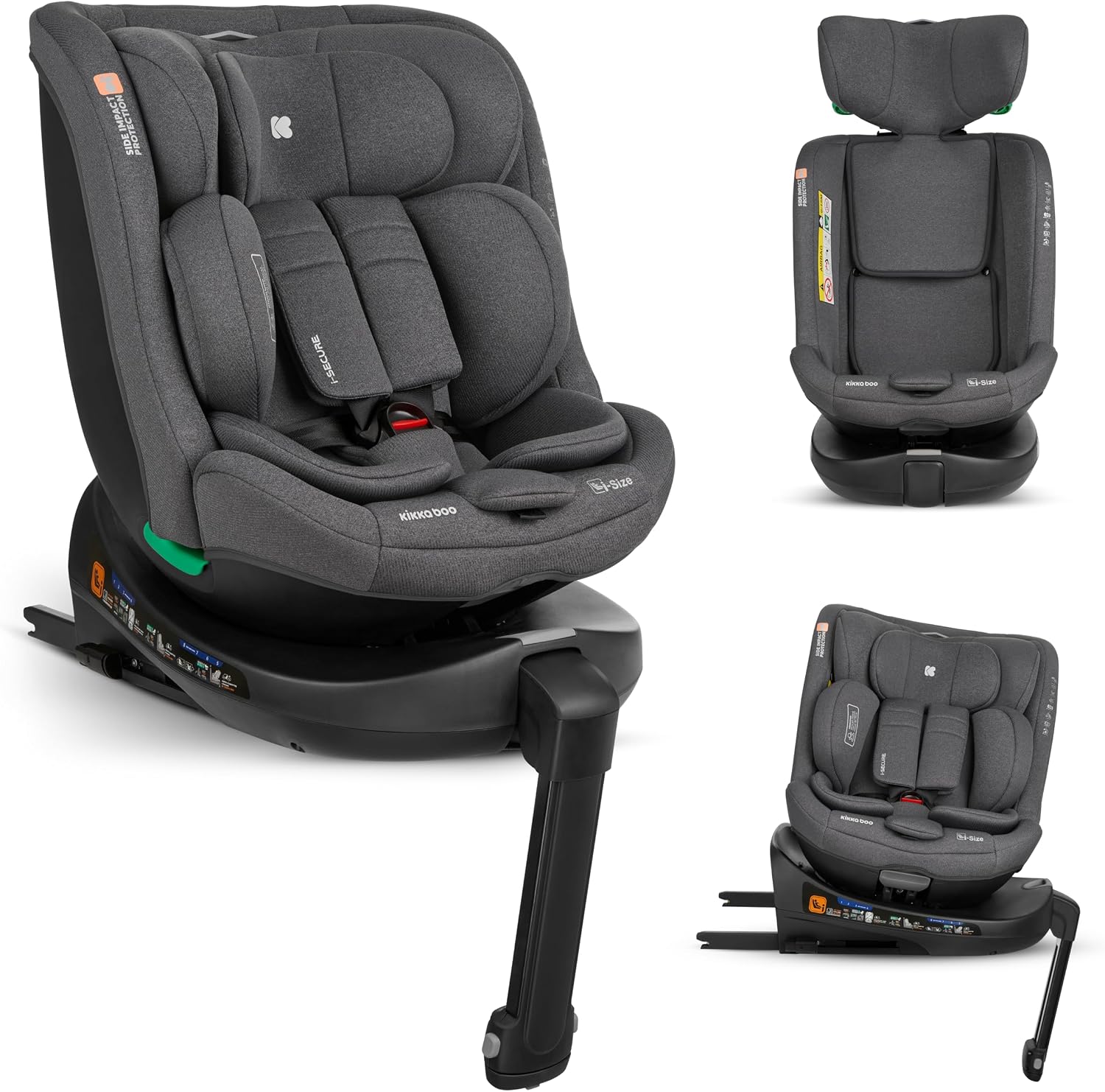 KikkaBoo Siège auto bébé 0 à 36 kg i-SECURE, i-Size ISOFIX, Pivotant 360°, Gris Foncé