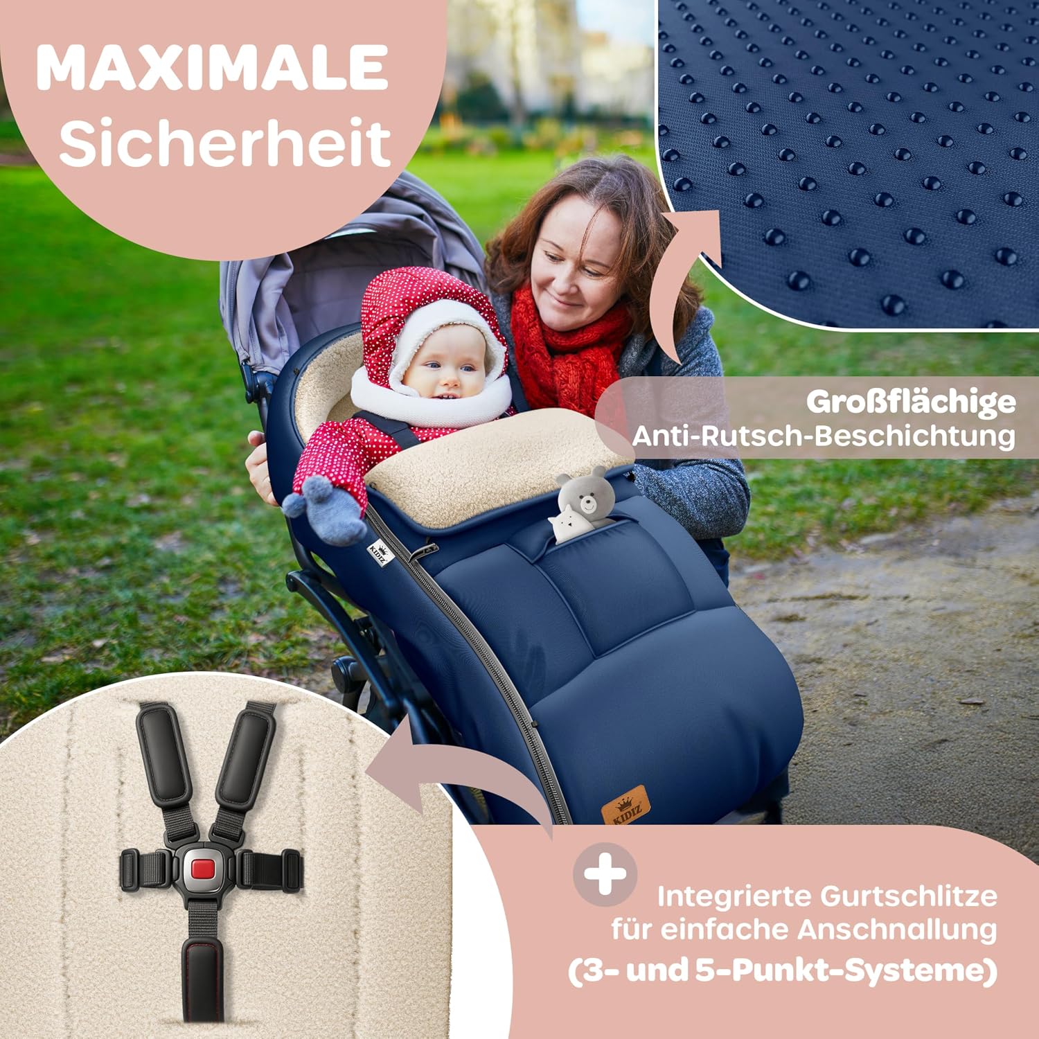 Detalle de Kidiz Babyfußsack Winter für Kinderwagen & Babyschale – wasserdicht, winddicht, mit Lammfleece-Futter