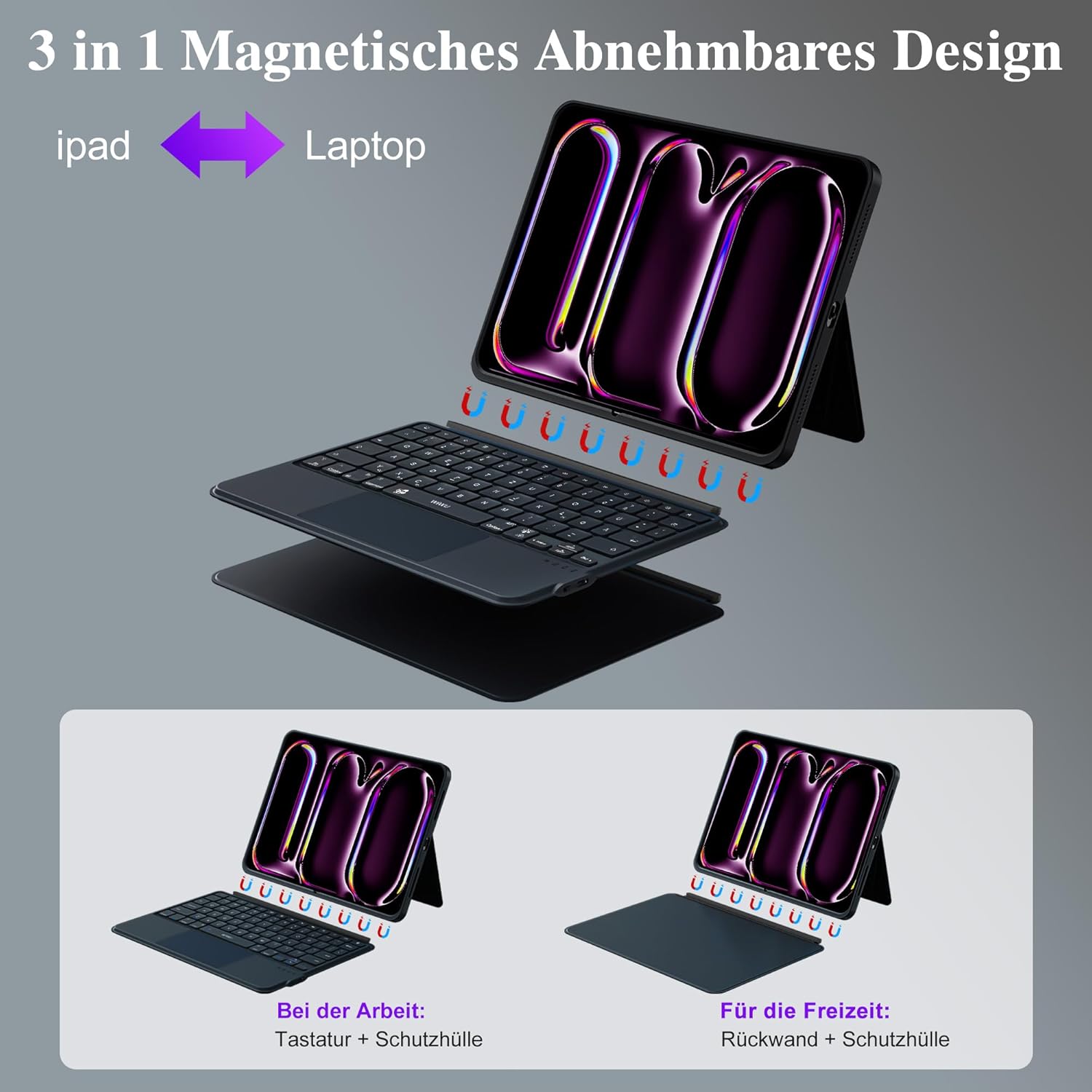 Thumbnail 3 de WIWU iPad Pro 13 Hülle mit Tastatur 3 in 1 – magnetisch abnehmbar, Beleuchtete Tasten, Touchpad (Schwarz) für iPad Pro 13" M4/M5 2024/2025