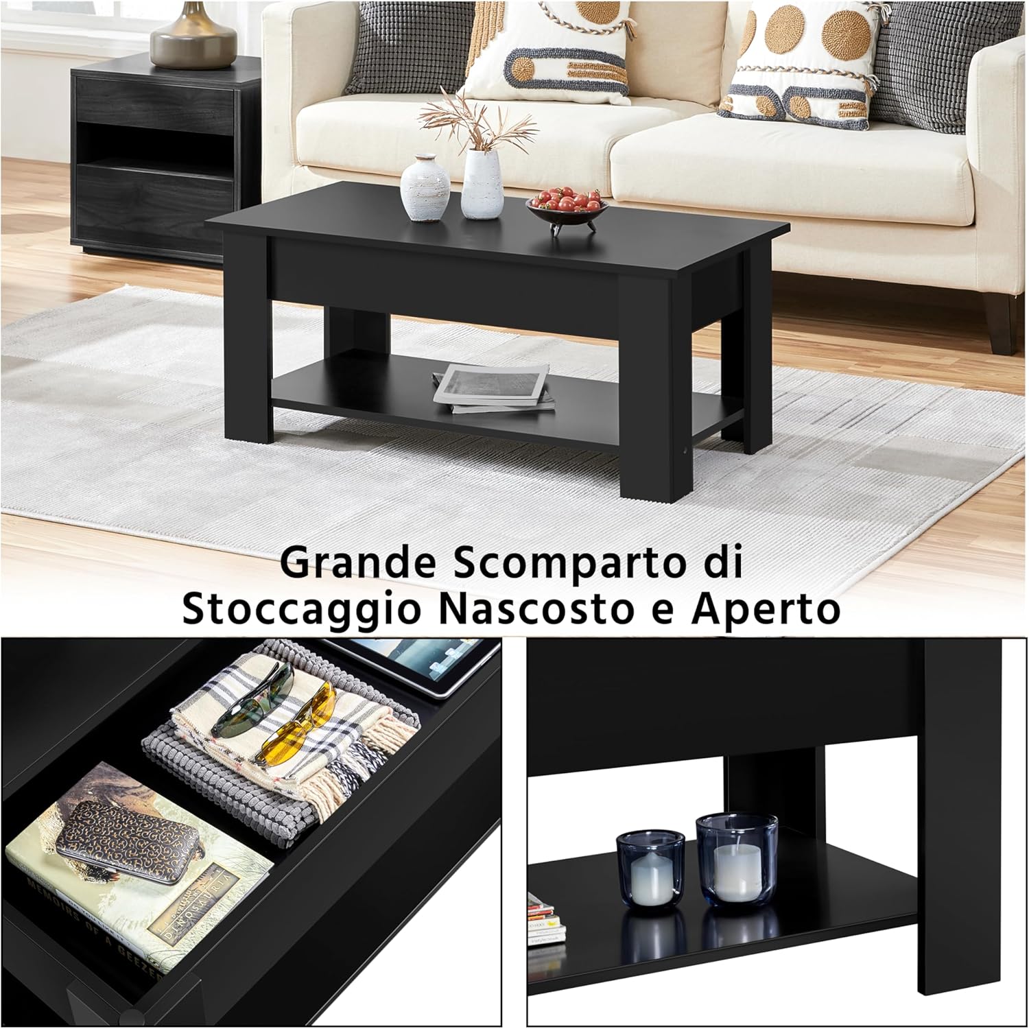 Detalle 2 de Yaheetech Tavolino da caffè sollevabile elevabile per divano con ripiano inferiore 98 x 50 x 42-56 cm nero