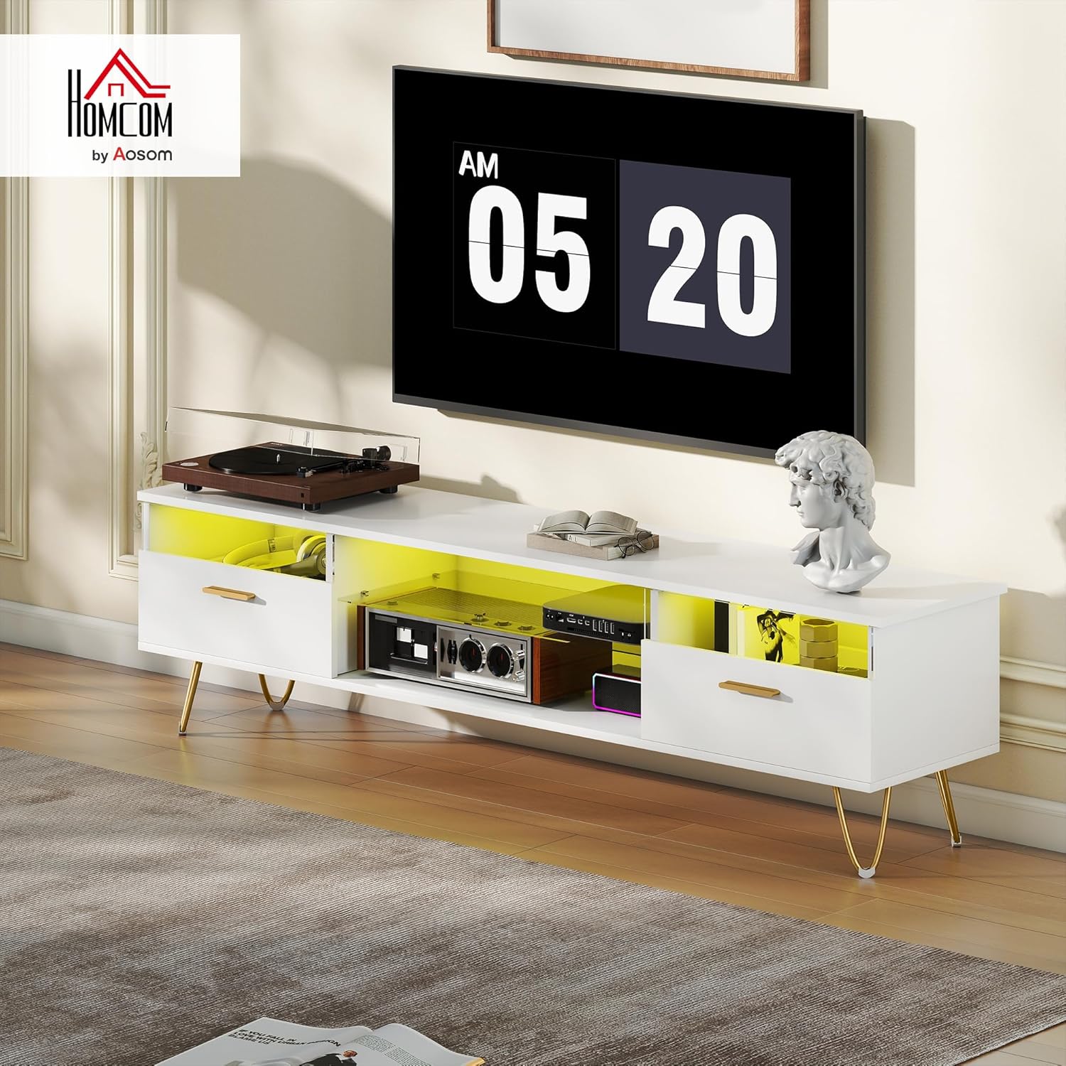 Thumbnail 1 de HOMCOM Meuble TV Blanc avec LED RGB à 16 couleurs, 160 cm – Éclairage d’ambiance et rangement moderne pour TV 42–120 pouces