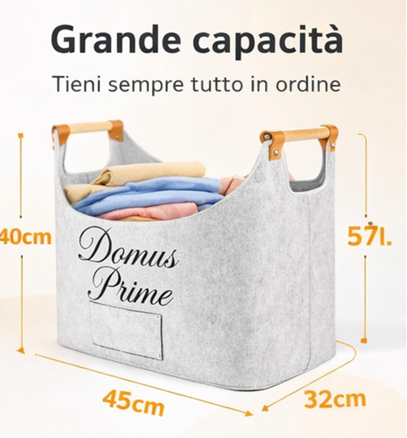 Thumbnail 3 de Domus Prime Borsa Portalegna pieghevole salvaspazio in feltro (cesto in legno) fino a 14 kg, 57 L, dark grey