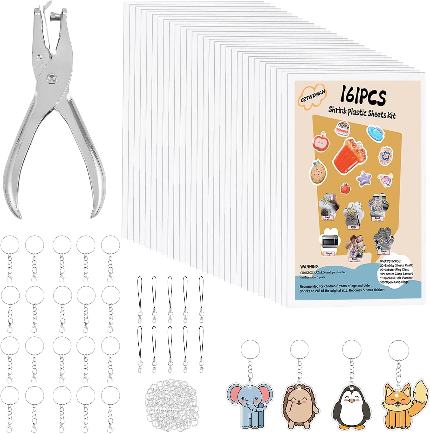 Detalle de CRTWDMAN 161-Piece Shrink Paper Keychain Kit with Shrinky Plastic Sheets, Punch, Clasps & Jump Rings