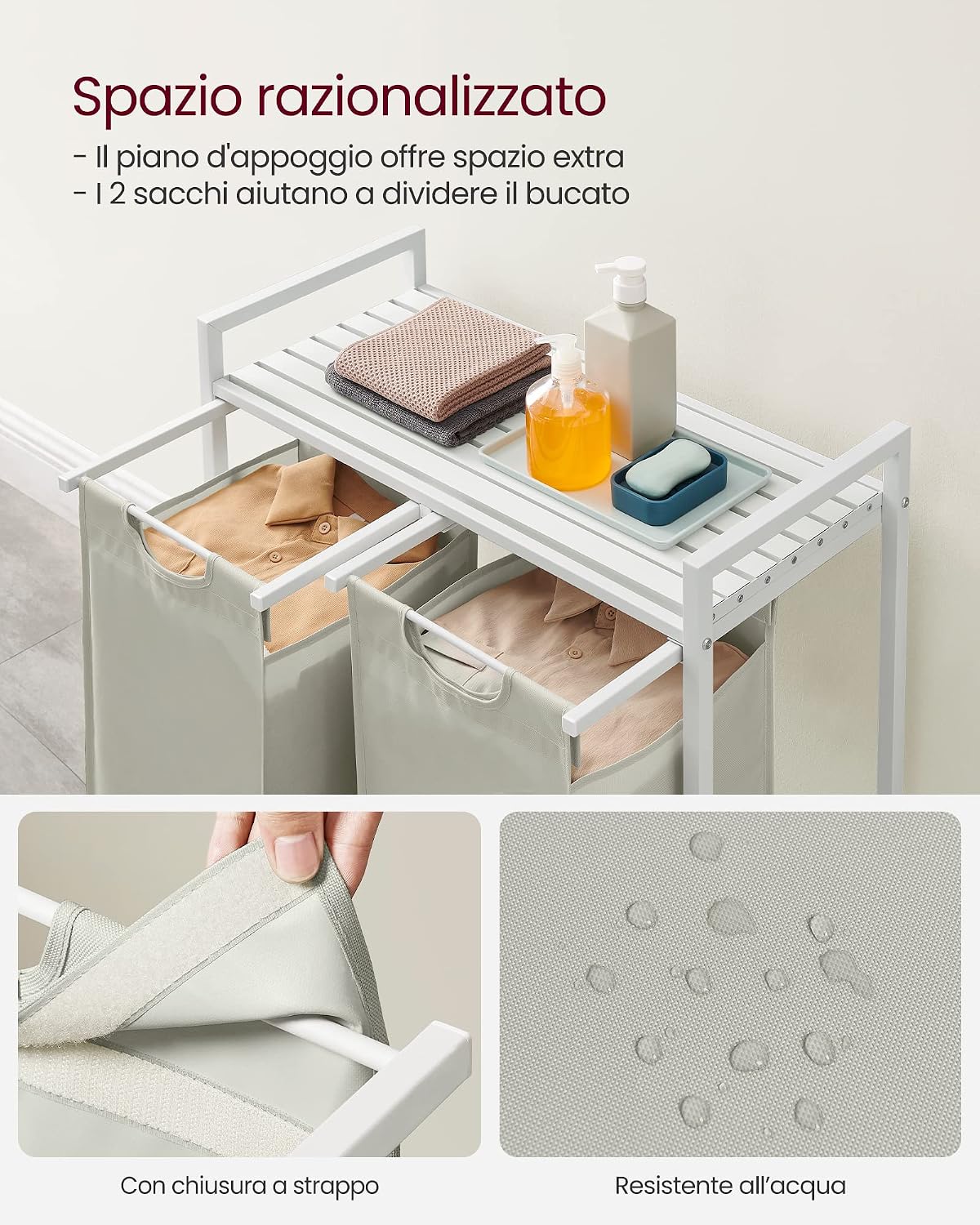 Detalle 2 de VASAGLE BLH201W01 cesto portabiancheria con 2 sacchi rimovibili da 46 L
