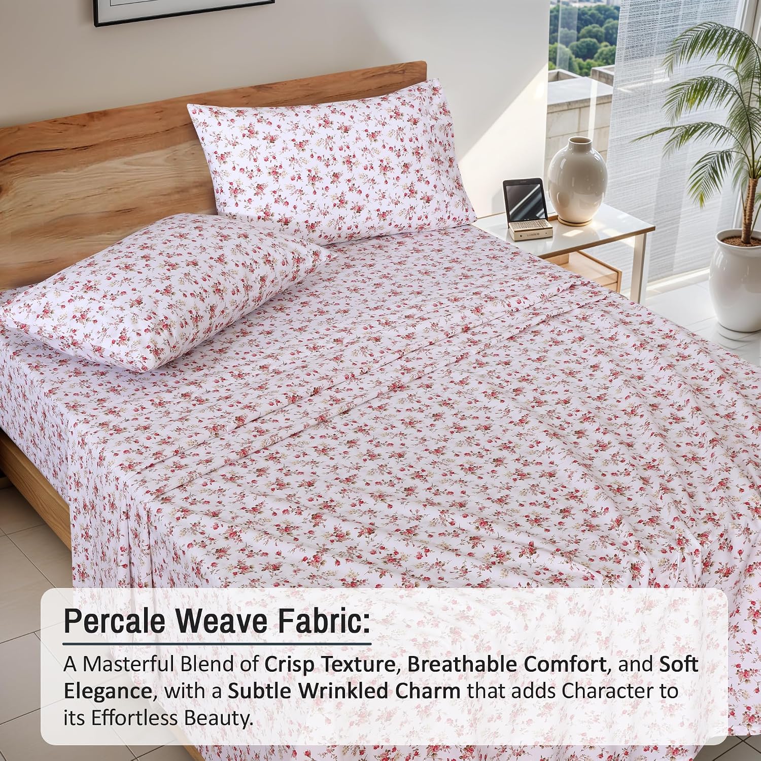 Detalle de RUVANTI 100% Cotton Queen Percale Sheet Set (4-Piece) – 16-Inch Deep Pocket, Cooling Floral Bouquet
