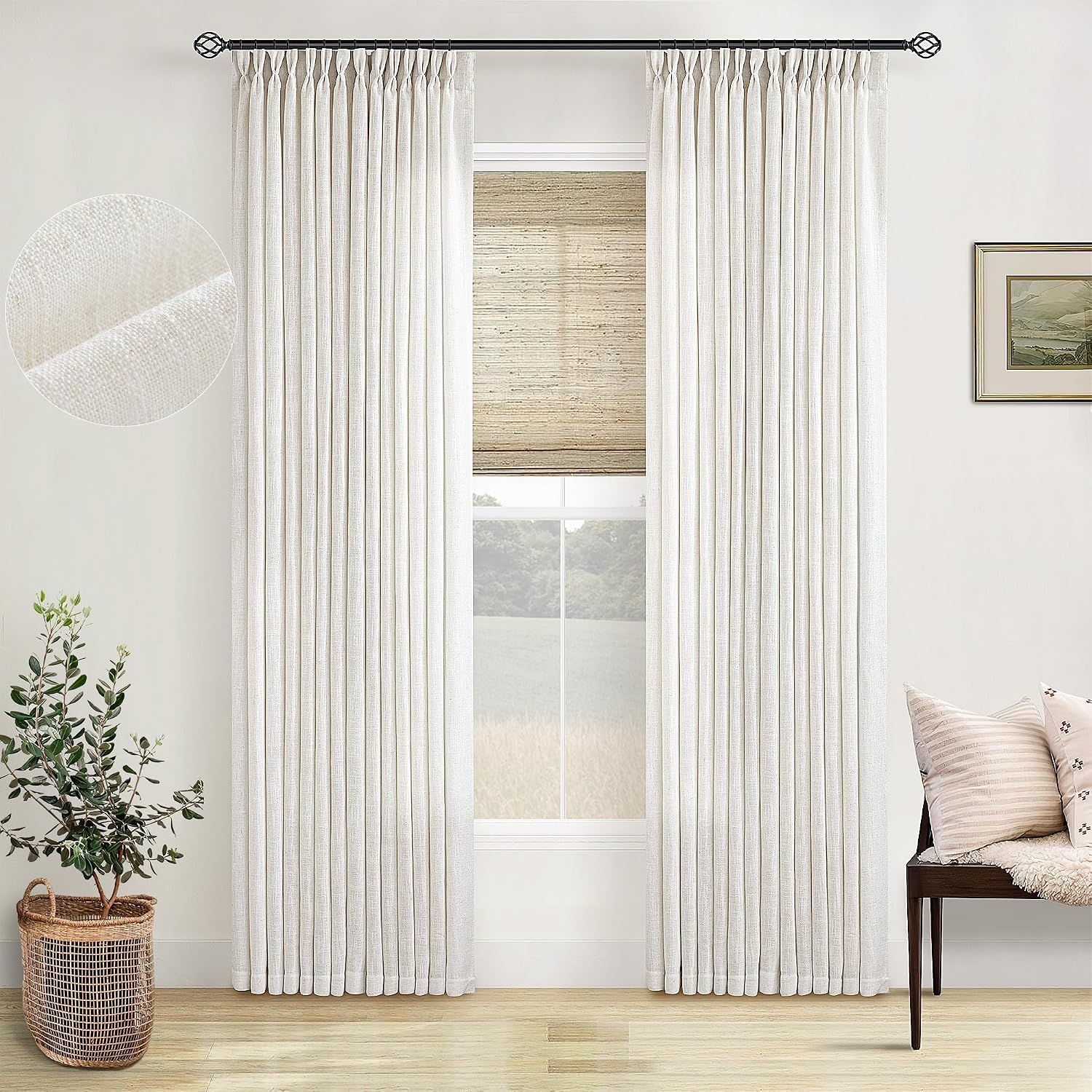 Detalle de Cortinas de Lino con Pliegues Pinzados (96 in) - Set de 2 Paneles, Crema Marfil
