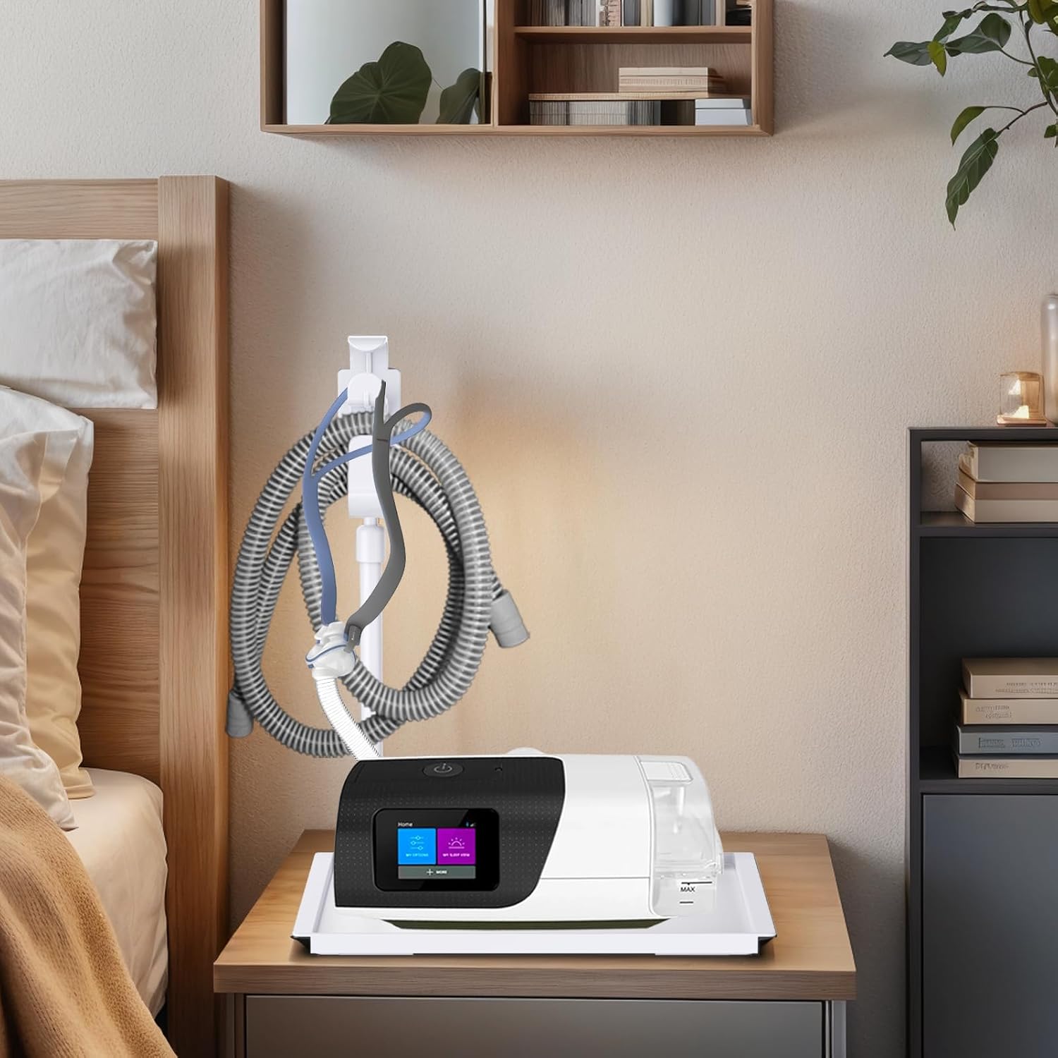 Detalle de KAEDLEY Retractable CPAP Hose Holder with Adjustable Hanger and Bedside Tray