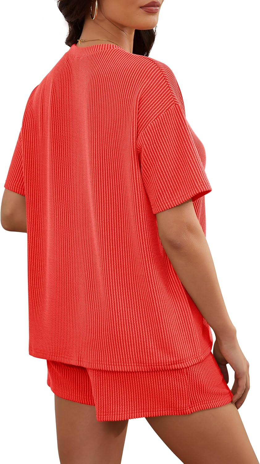 Detalle de RUBZOOF Women's 2 Piece Knit Lounge Set — Short Sleeve Top + Shorts