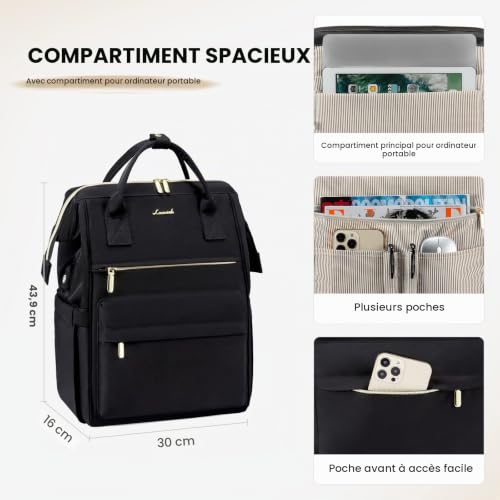 Detalle de LOVEVOOK Sac à dos femme 15,6 pouces avec compartiments rembourrés et port USB