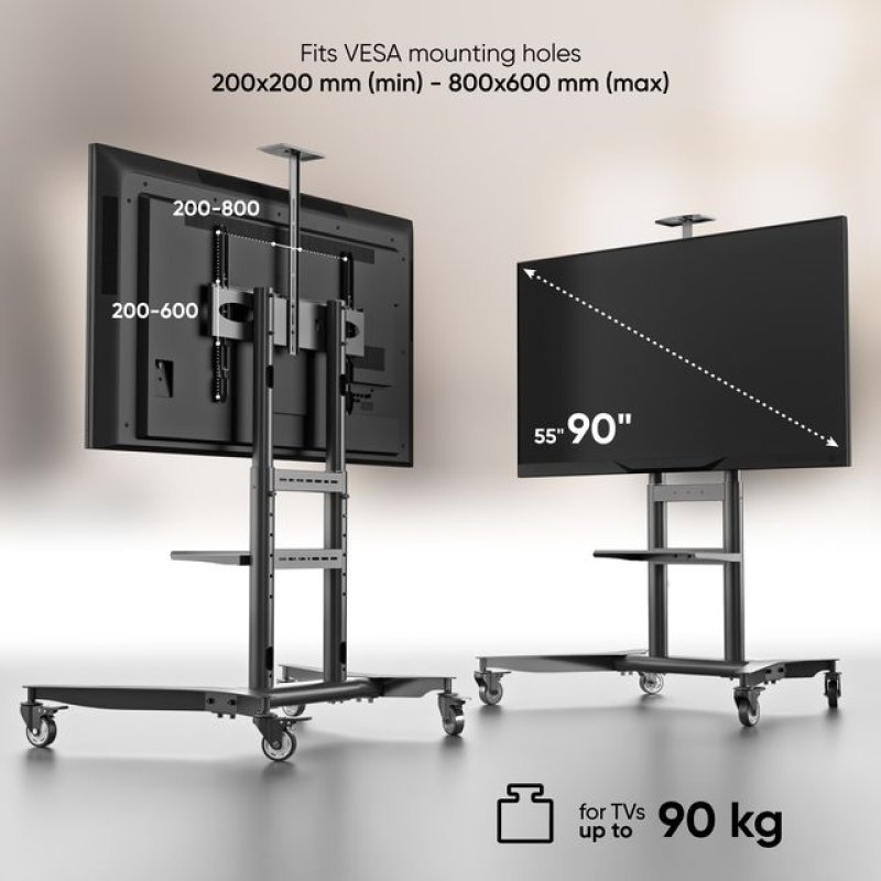 Detalle 2 de Onkron TS1871-B: Soporte TV 55–90 pulgadas con ruedas, altura regulable y capacidad 75 kg