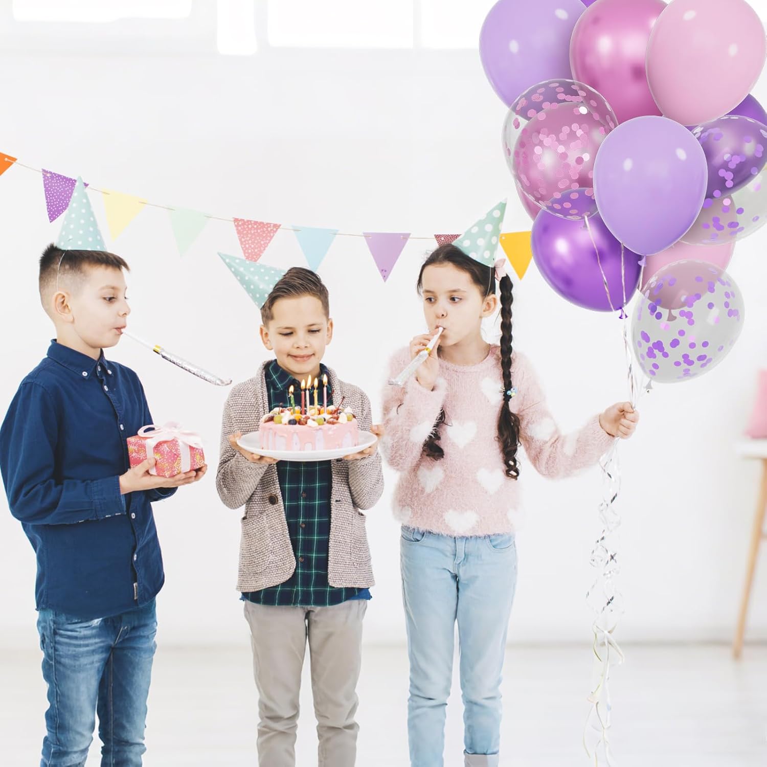 Thumbnail 6 de 68-Piece Pink and Purple Balloons (12 Inch) Metallic, Macaron & Confetti Latex Set with Ribbons