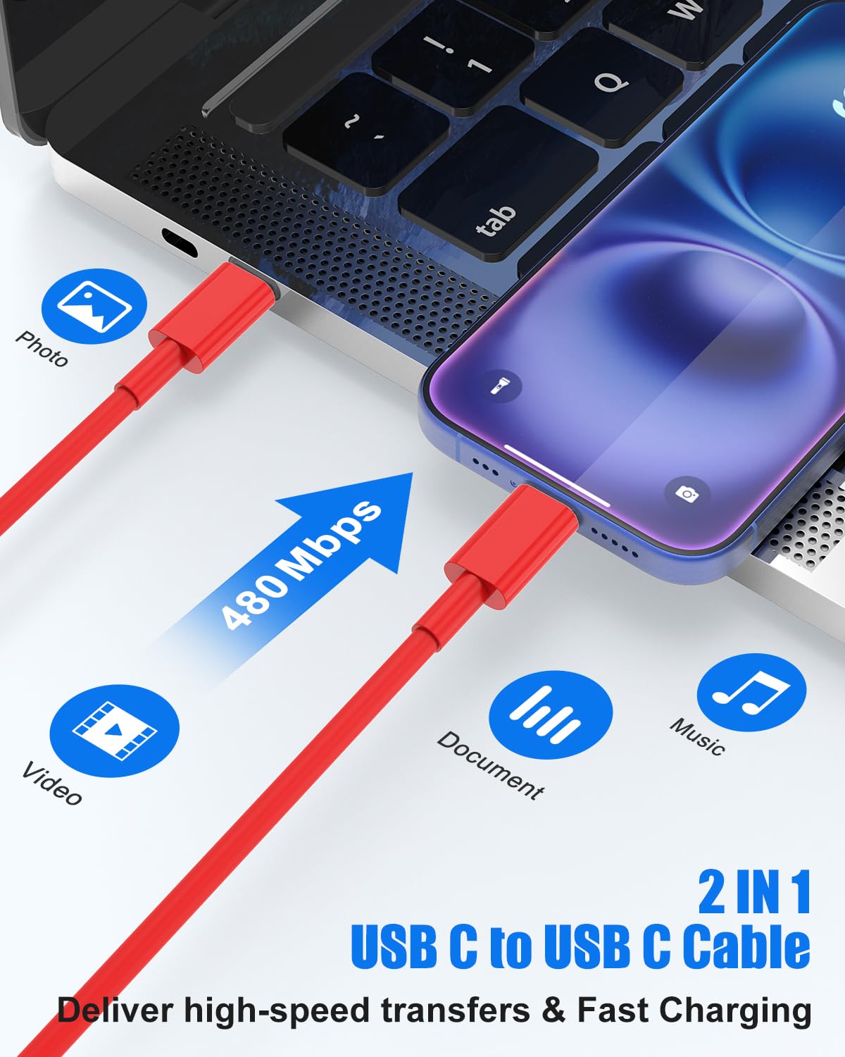 Thumbnail 3 de 10Pack USB C to USB C Cables (3ft each) — 60W PD, Red, Bulk Kit for iPhone 17/Air/16/15 Pro Max and More