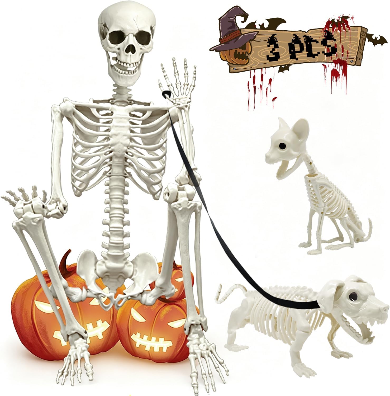 Detalle de WODMAZ WSJGJ+SJG 5.4-Ft Posable Halloween Skeleton Set with Dog and Cat