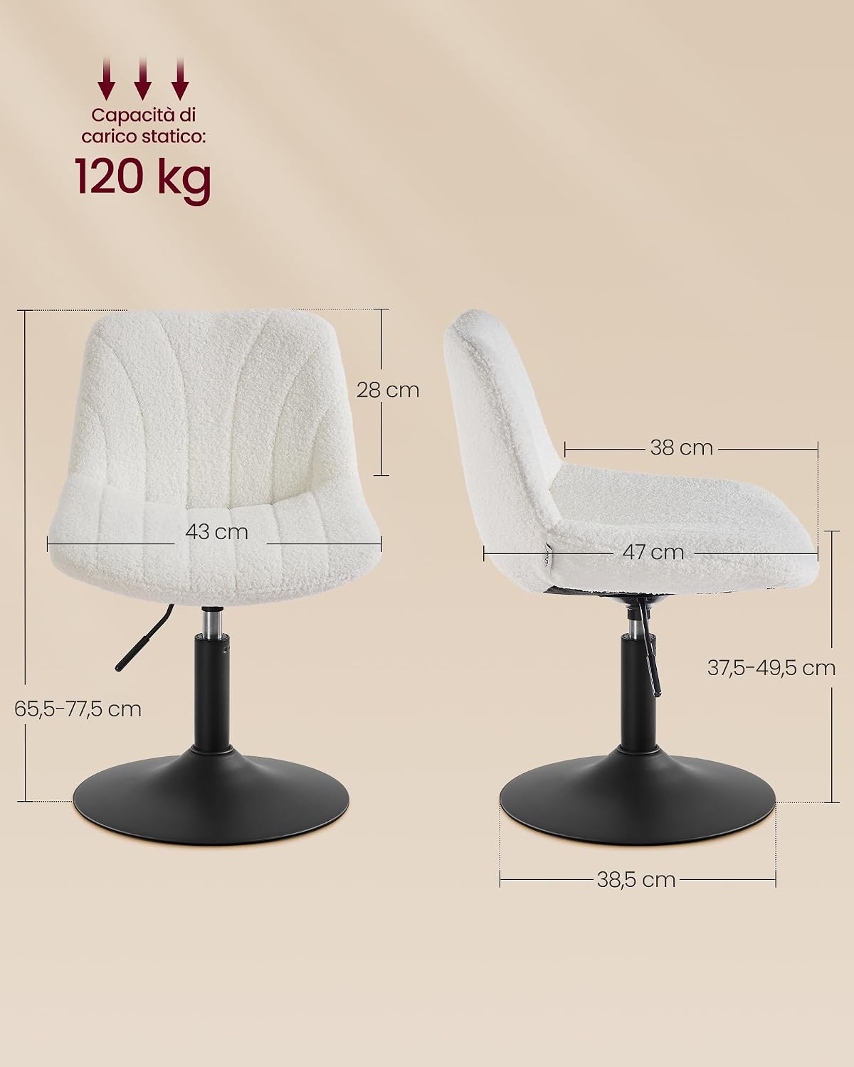 Detalle de VASAGLE Sgabello da trucco con schienale LJB160WD01, girevole 360° e altezza regolabile