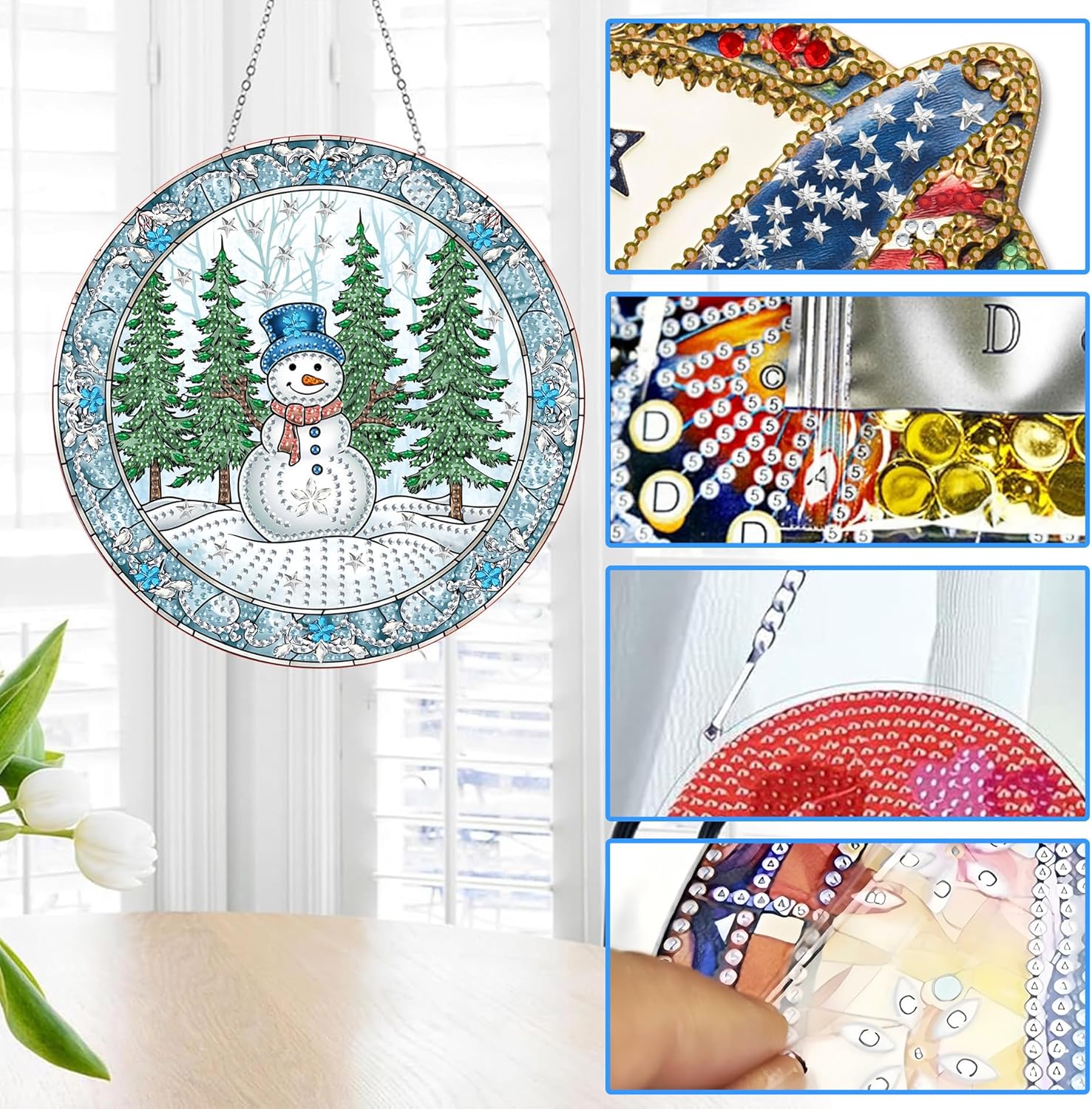Thumbnail 2 de Reofrey Diamond Painting doppelseitiger Anhänger mit Acrylbrett und Kette (20x20 cm) – Schneemann für Fenster, Wand & Garten