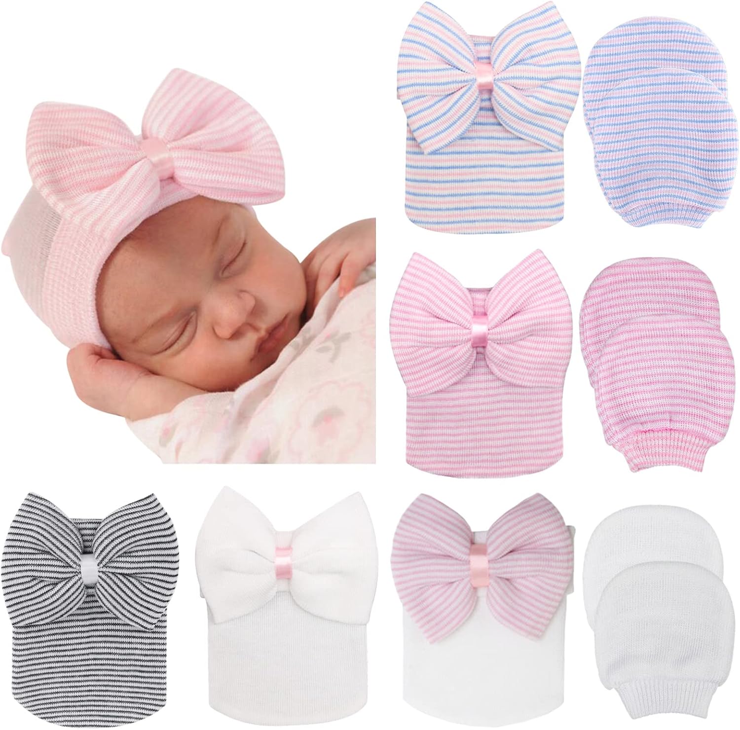 DRESHOW Newborn Hat and Mittens Set (5 Hats & 3 Pairs), 0–3 Months