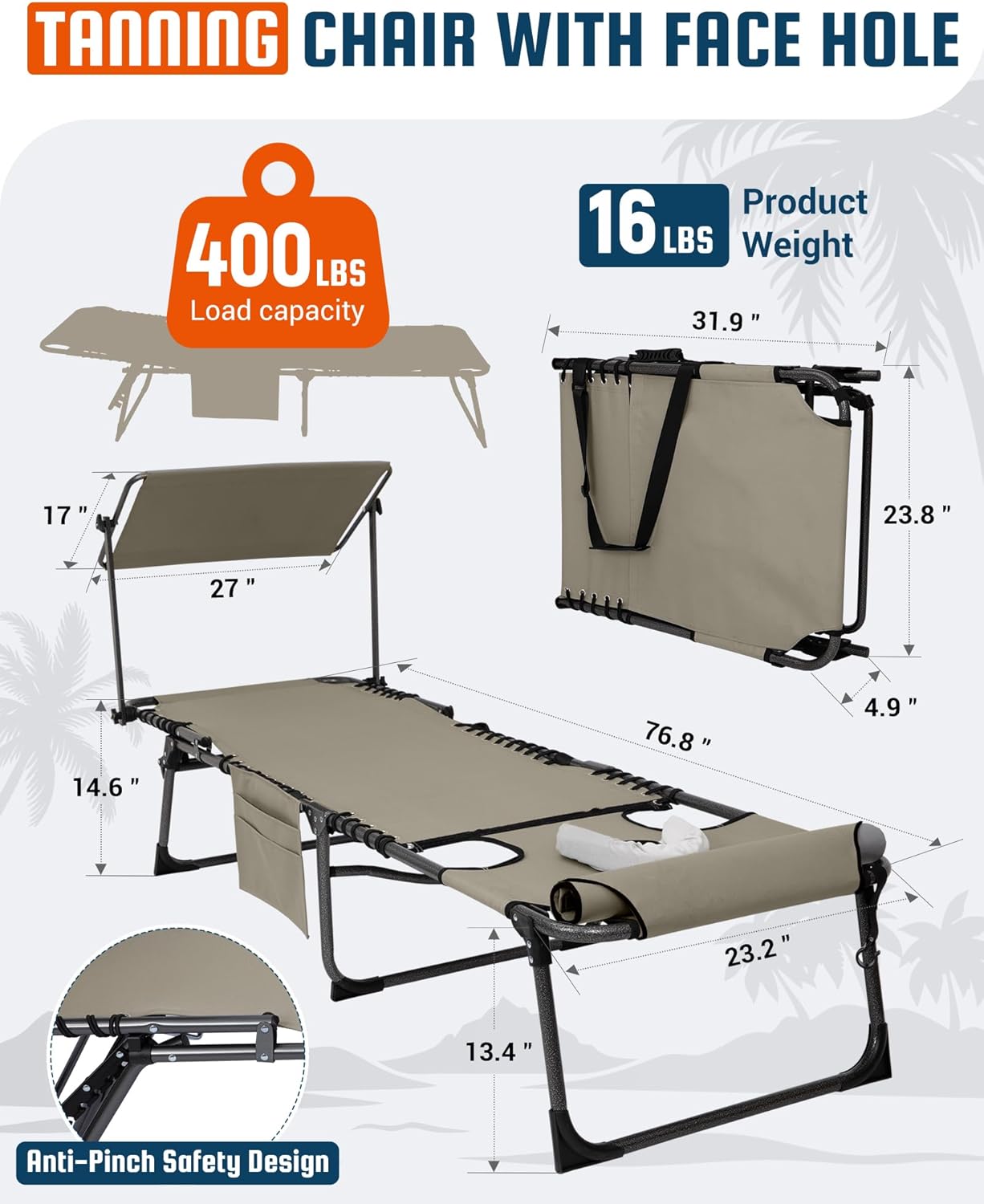 Thumbnail 1 de KingCamp Lounge Chair with Face Hole & Canopy Shade — 5-Position Folding Beach Sun Tanning Chair (400LBS)