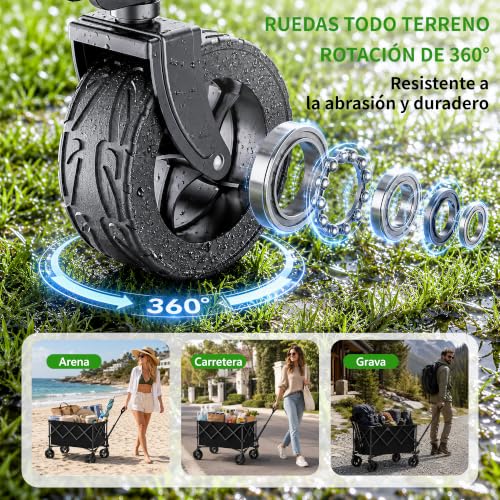 Detalle de Carrito de Camping Plegable 135 L de RYGEO: 150 kg, ruedas 360°, asa telescópica