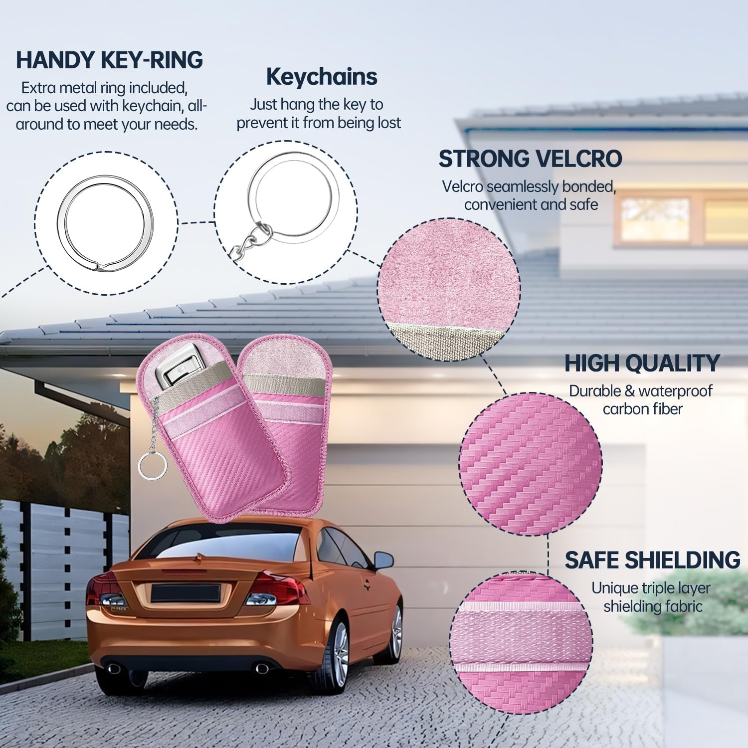 Thumbnail 2 de caslord Faraday Pouch for Car Keys, Pack of 2 (Deep Pink) with 4 Key Rings