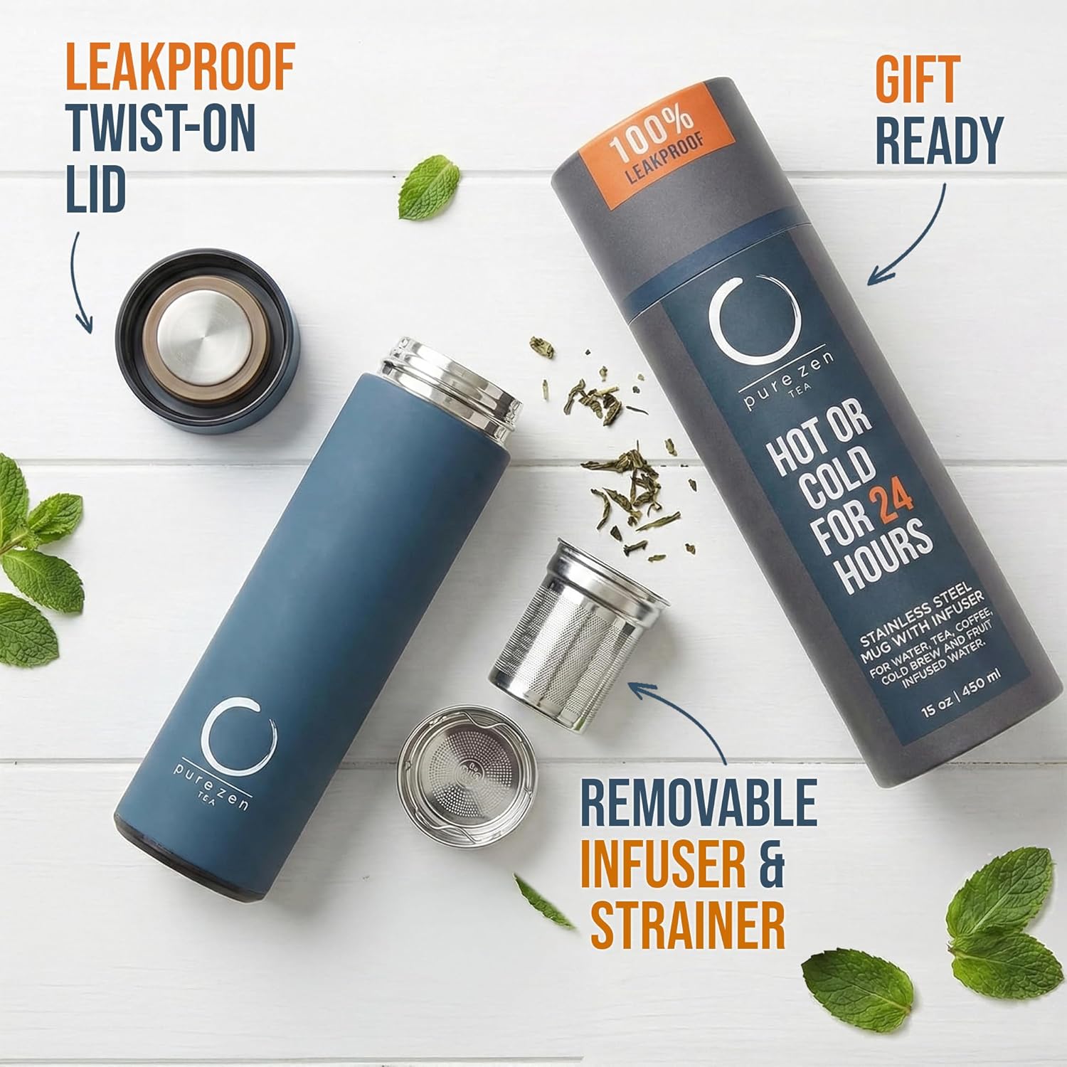 Detalle de Pure Zen Tea Thermos with Infuser (Leakproof Travel Mug, Stainless Steel, 15oz) – Blue