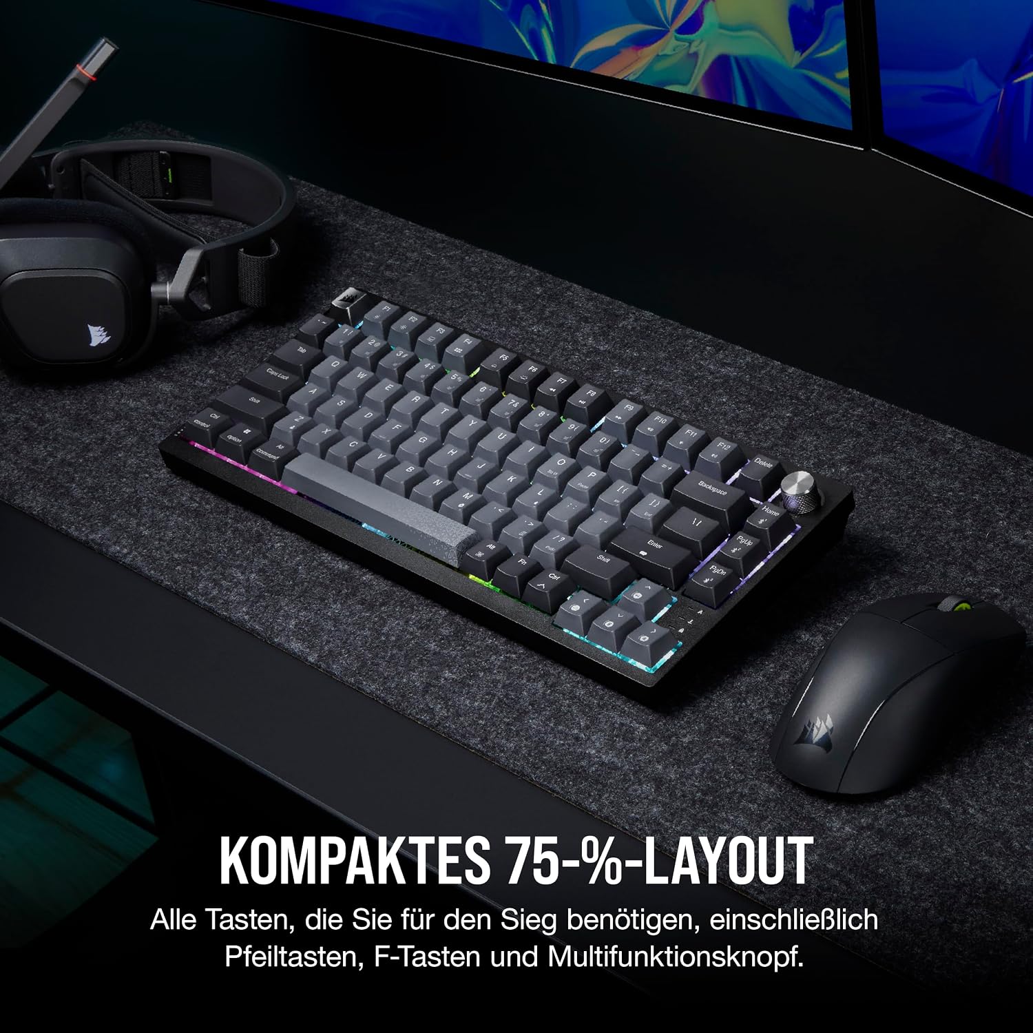 Detalle de Corsair K65 Plus Wireless 75% RGB Mechanische Tastatur (QWERTZ DE) mit MLX Red, Hot-Swap, PBT-Kappen