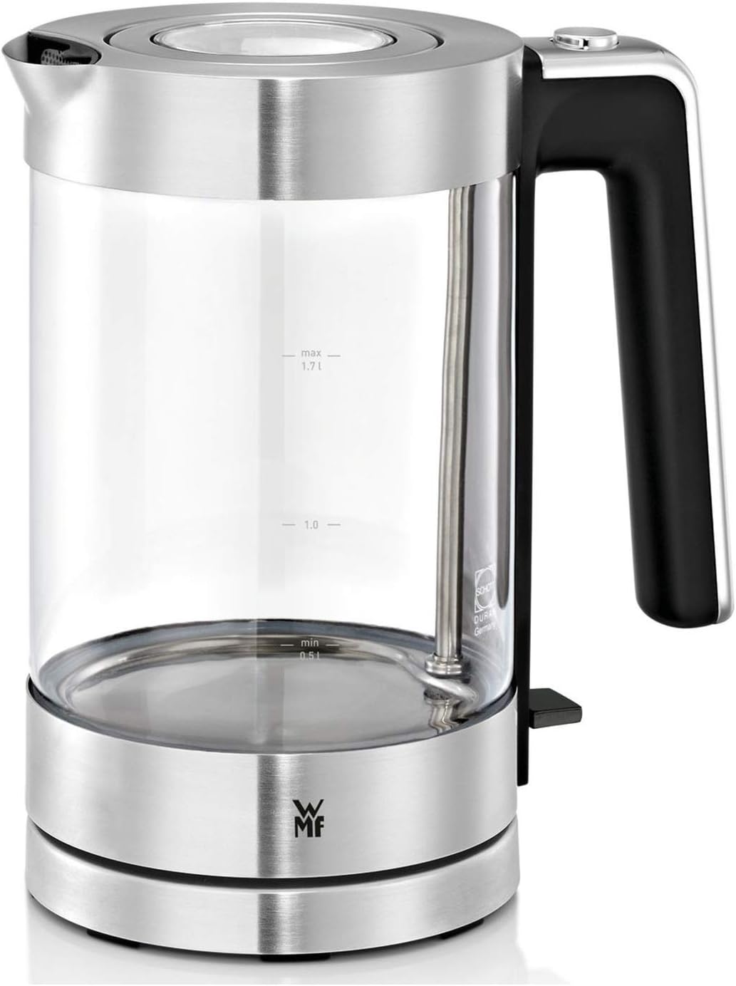 Detalle de WMF Lono Glas-Wasserkocher mit Kalkfilter (1,7 Liter, 3000 Watt) – kabellos, mattierter Edelstahl