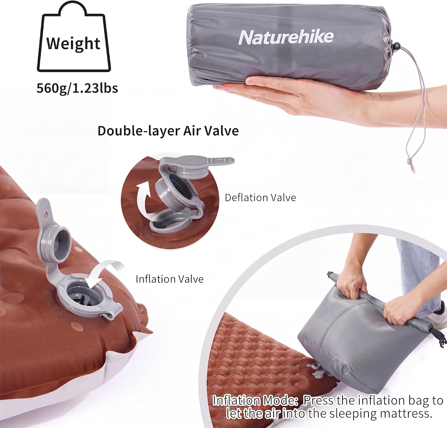 Detalle 2 de Naturehike Ultraleicht Camping Isomatte 5,8 R-Wert, 8 cm Dicke – Aufblasbare Schlafmatte, 183×58 cm, PFAS-frei